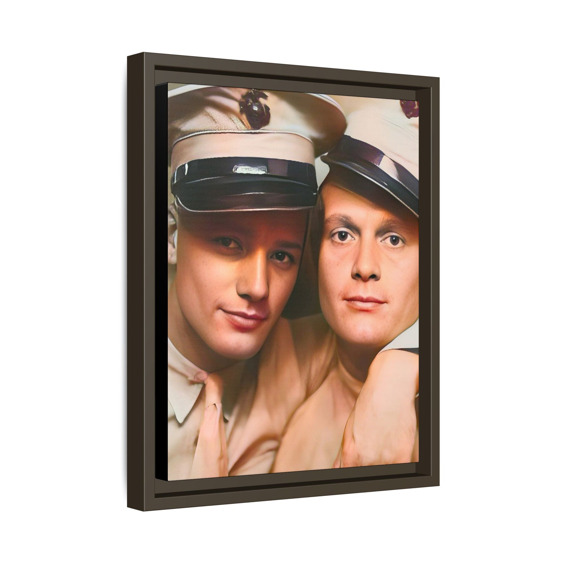 Restored vintage photograph of Paul and Ralph, an early 20th-century LGBTQ+ military couple from Camp Atterbury, Indiana. Framed matte canvas print celebrating love, courage, and LGBTQ+ history. Gay Couple Photo Booth