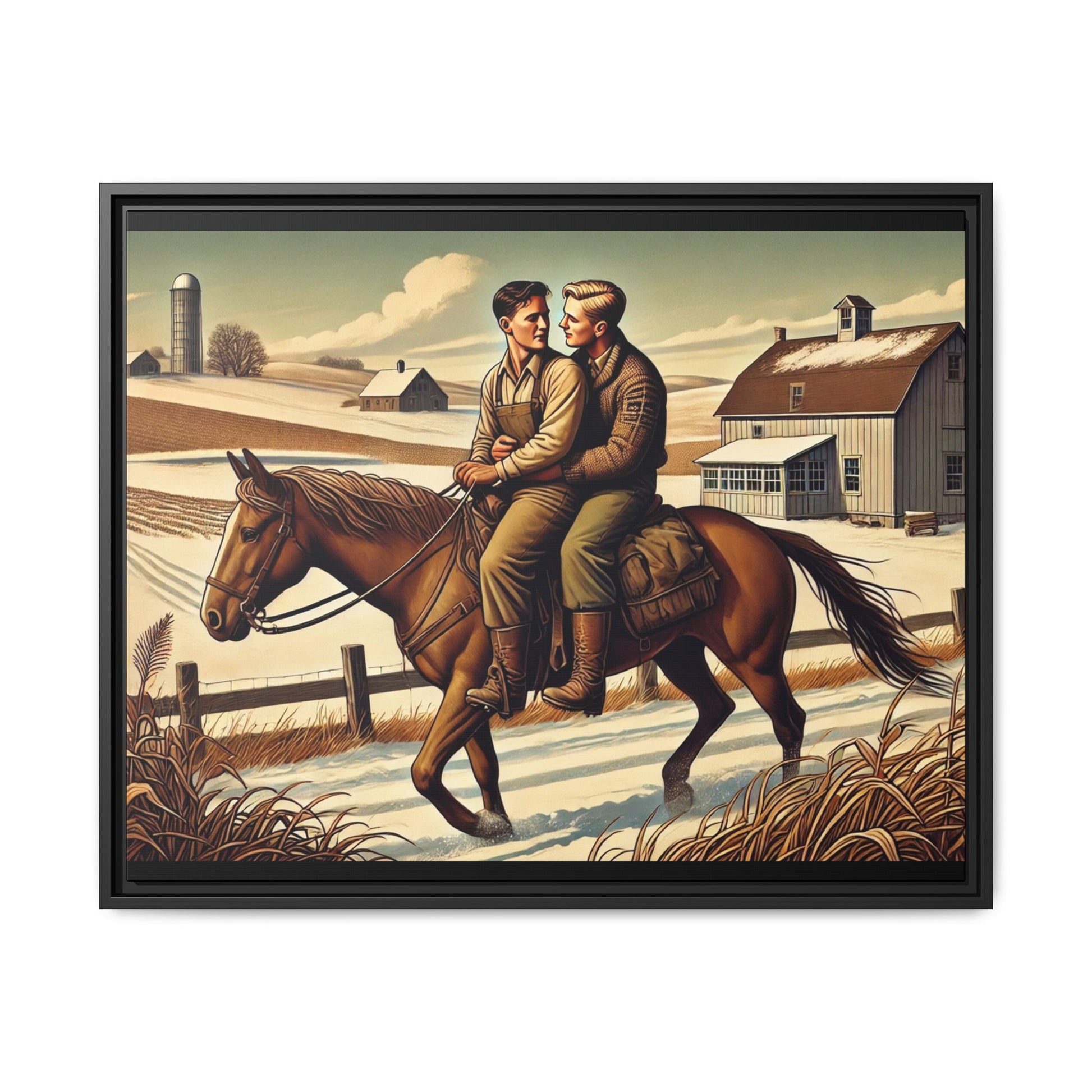 Artwork of a gay couple sharing a tender moment while seated together on a single horse in a snowy, rural Midwestern landscape. Dressed in early 20th-century attire, the men gaze at each other warmly, capturing love, resilience, and companionship in a serene 1930s-inspired American scene