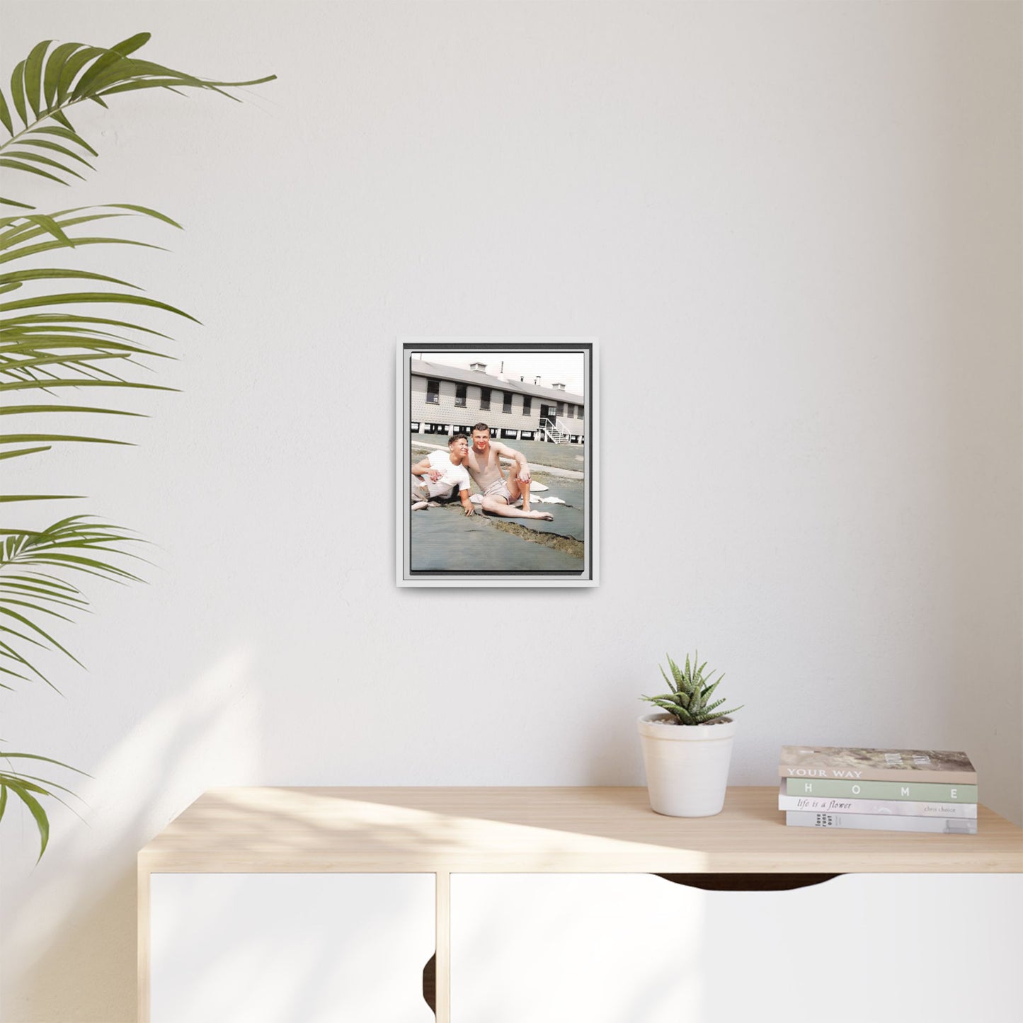 A framed vintage military portrait on matte canvas featuring Wayne and Jerry at Camp Blanding, Florida, capturing a timeless LGBTQ+ connection and companionship.
Gay Couple