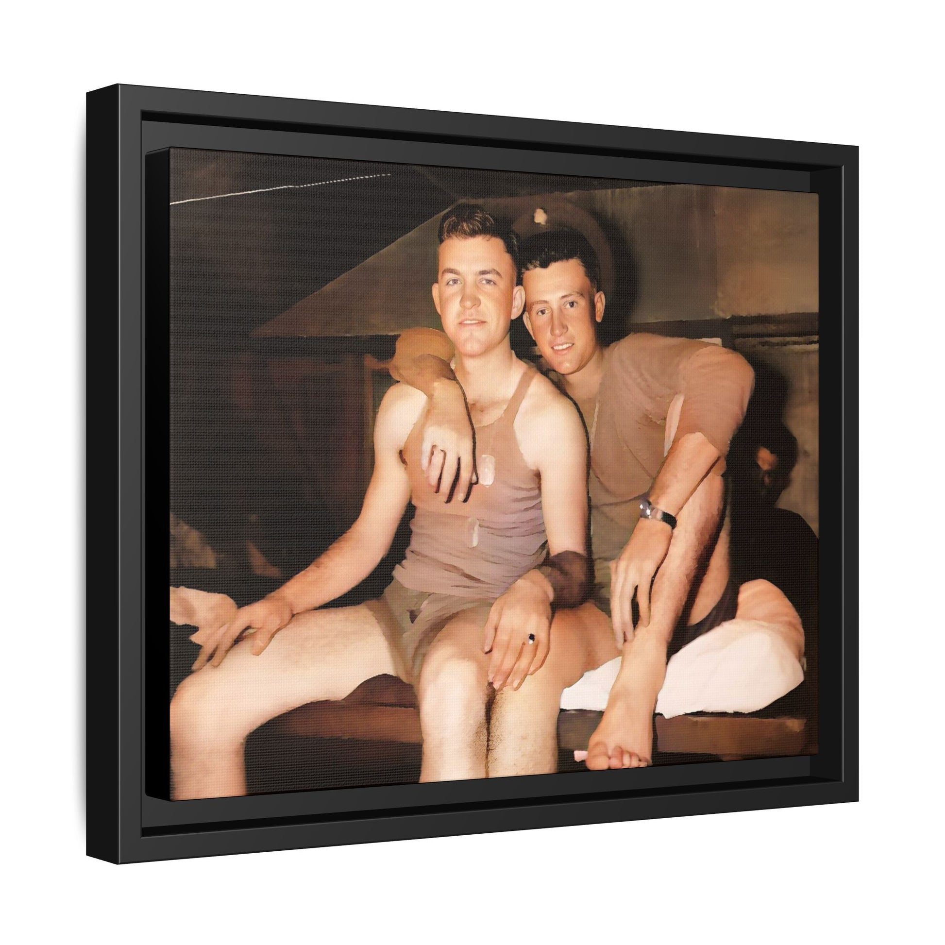 Barracks, Oahu. This framed canvas print honors LGBTQ+ history, military camaraderie, and timeless love, making it a unique and meaningful piece for collectors and history enthusiasts.