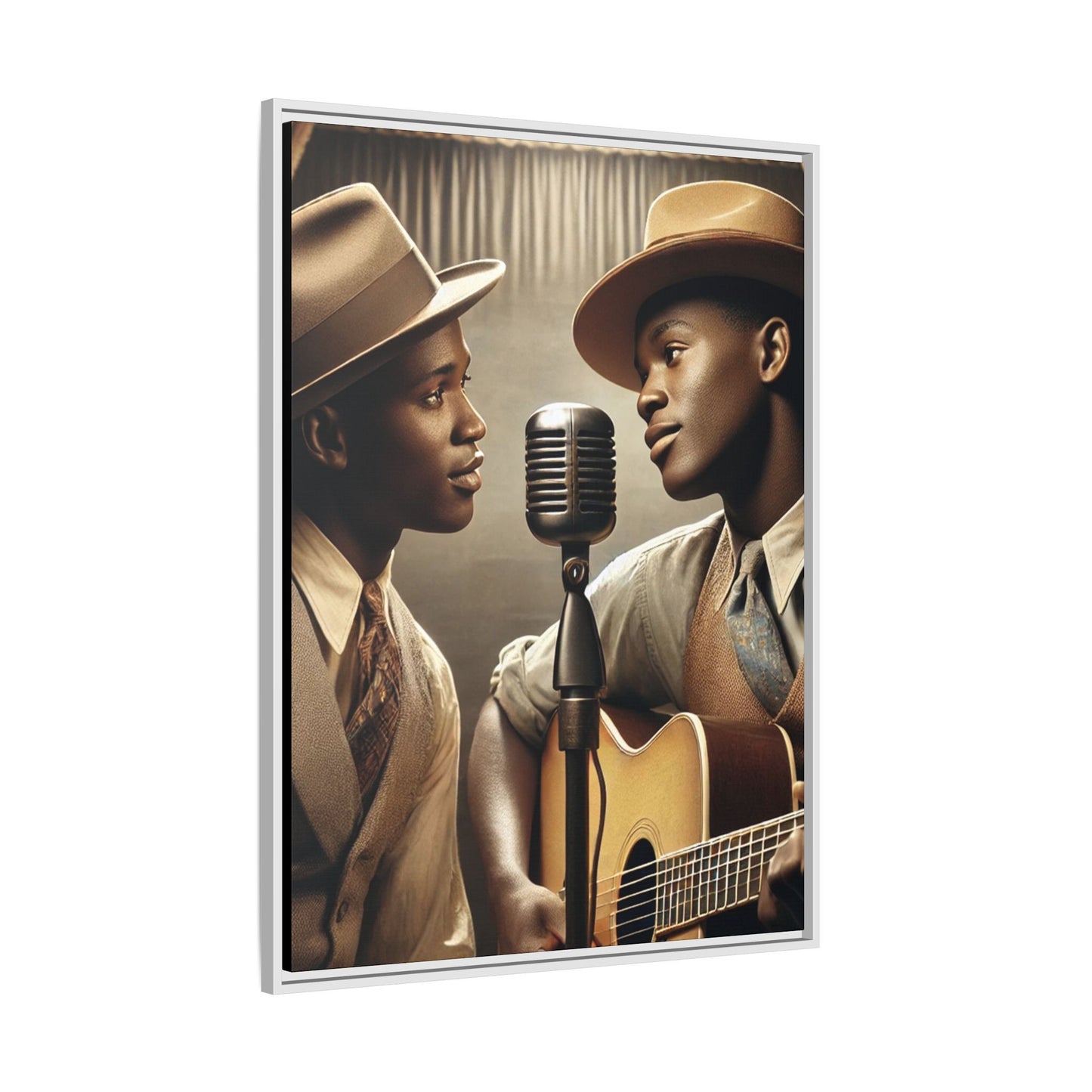 Artwork of an African-American gay couple recording a song in a 1930s-style studio. Dressed in vintage attire with fedoras and ties, they share a close, tender moment around a classic microphone, capturing love, music, and cultural heritage in a nostalgic setting
