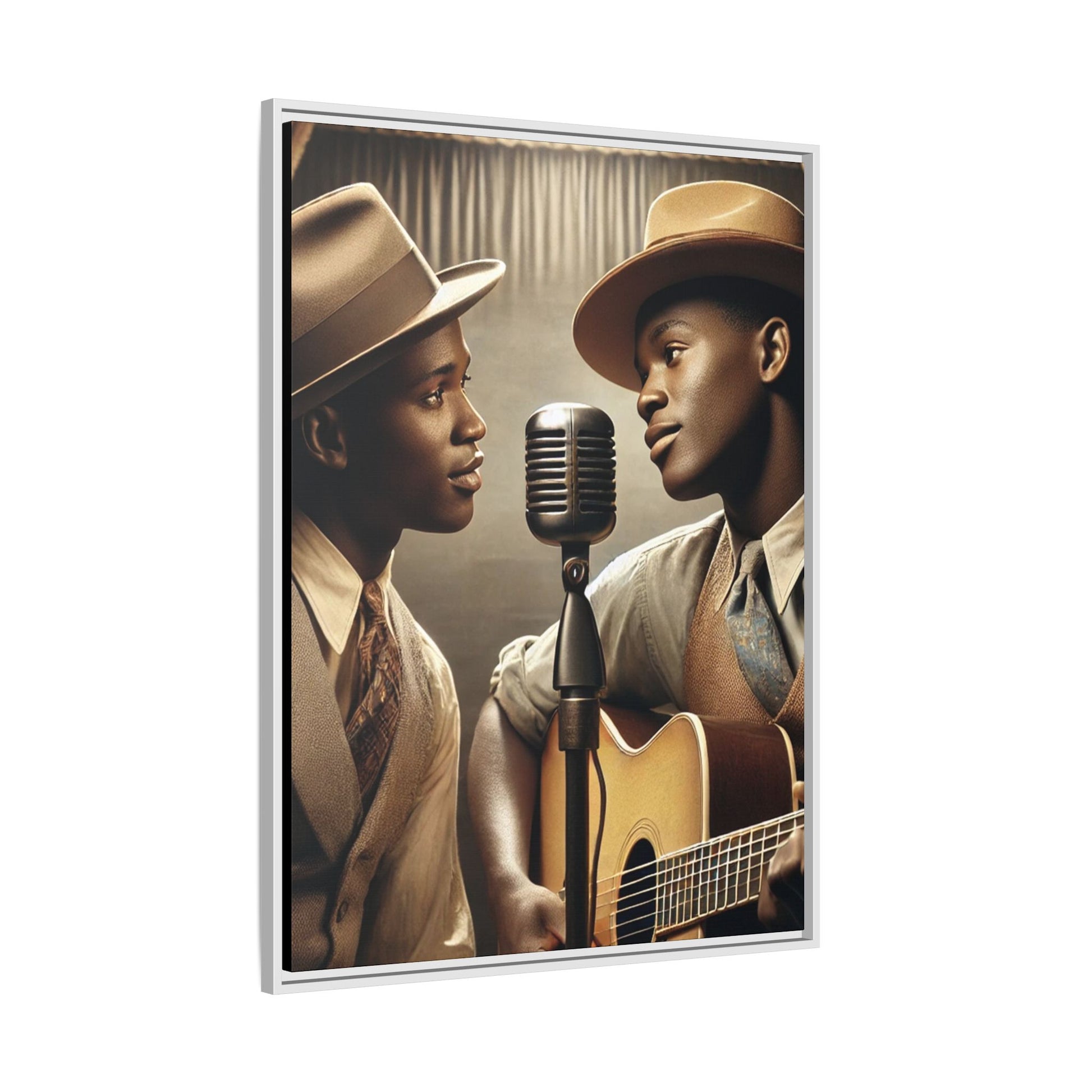 Artwork of an African-American gay couple recording a song in a 1930s-style studio. Dressed in vintage attire with fedoras and ties, they share a close, tender moment around a classic microphone, capturing love, music, and cultural heritage in a nostalgic setting