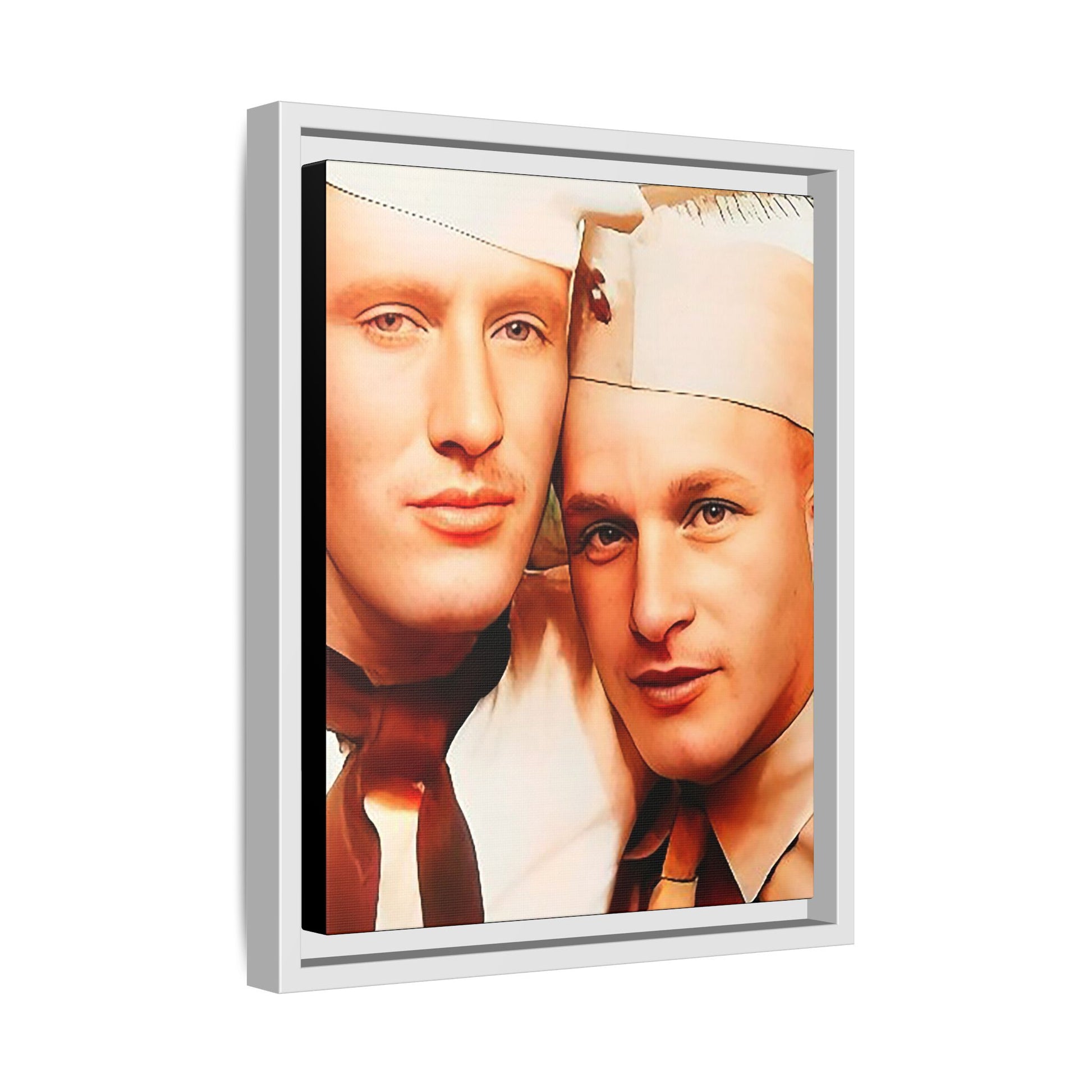 Vintage Gay photo booth portrait of Glenn & Sidney in Nantucket, MA. A heartwarming tribute to queer history, captured in a candid embrace. Available as a matte canvas print, perfect for celebrating love, identity, and nostalgia. Military Portrait