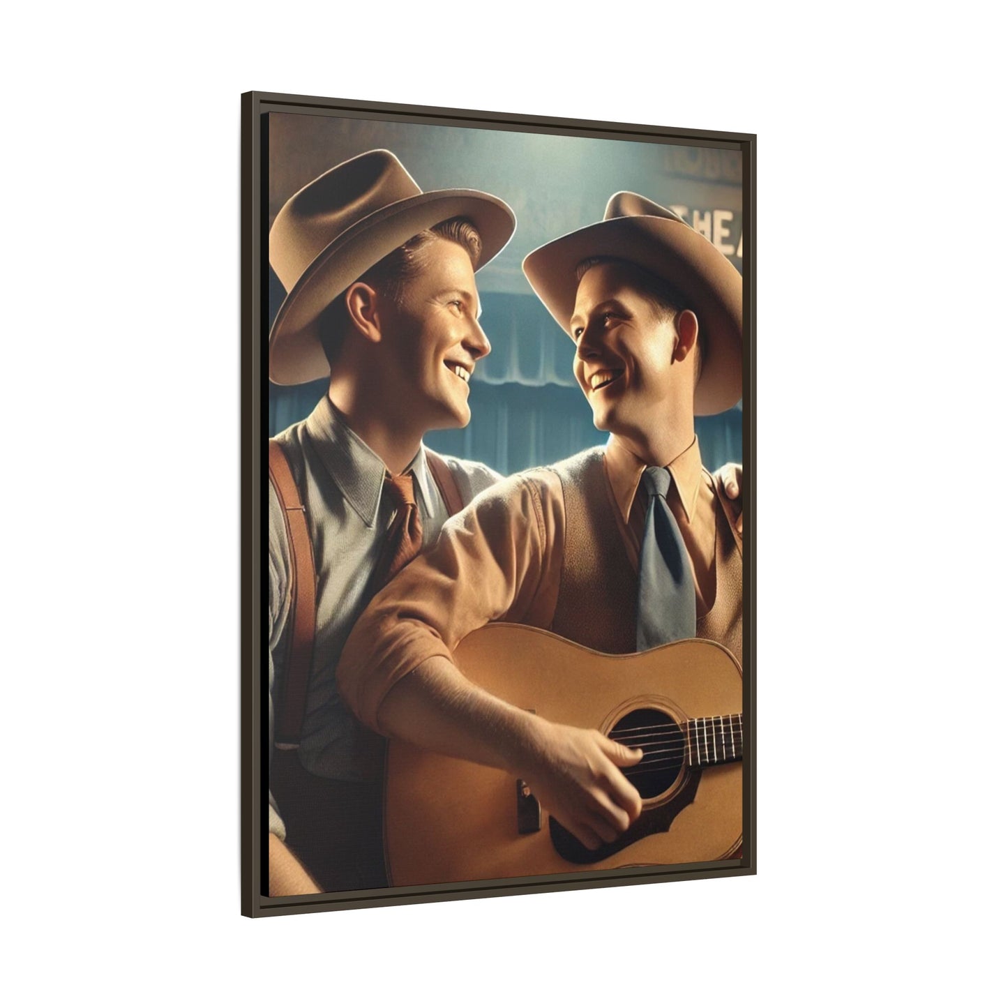 Artwork of a gay couple recording a country-western song in a 1930s-style studio. Dressed in classic Western attire with wide-brimmed hats and button-up shirts, the two men share an affectionate gaze, capturing love and unity in a nostalgic, vintage setting.