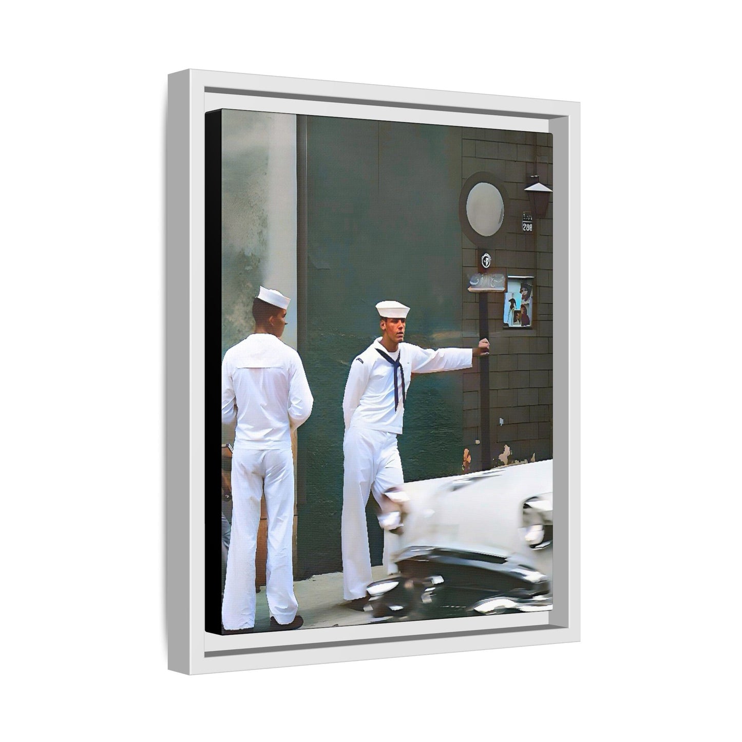 A restored vintage portrait of two sailors in Boystown, Northalsted, Chicago. This framed matte canvas celebrates LGBTQ+ history, urban charm, and community pride.