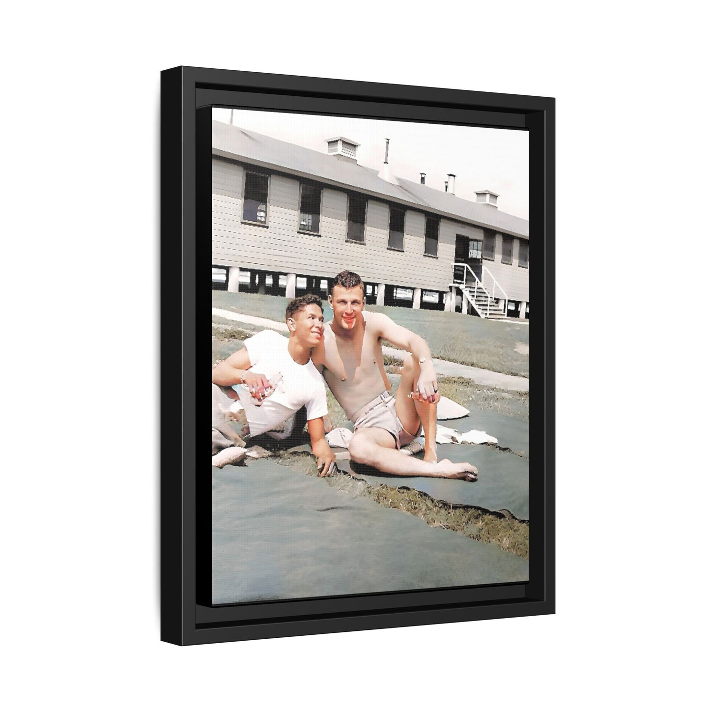 A framed vintage military portrait on matte canvas featuring Wayne and Jerry at Camp Blanding, Florida, capturing a timeless LGBTQ+ connection and companionship.
Gay Couple