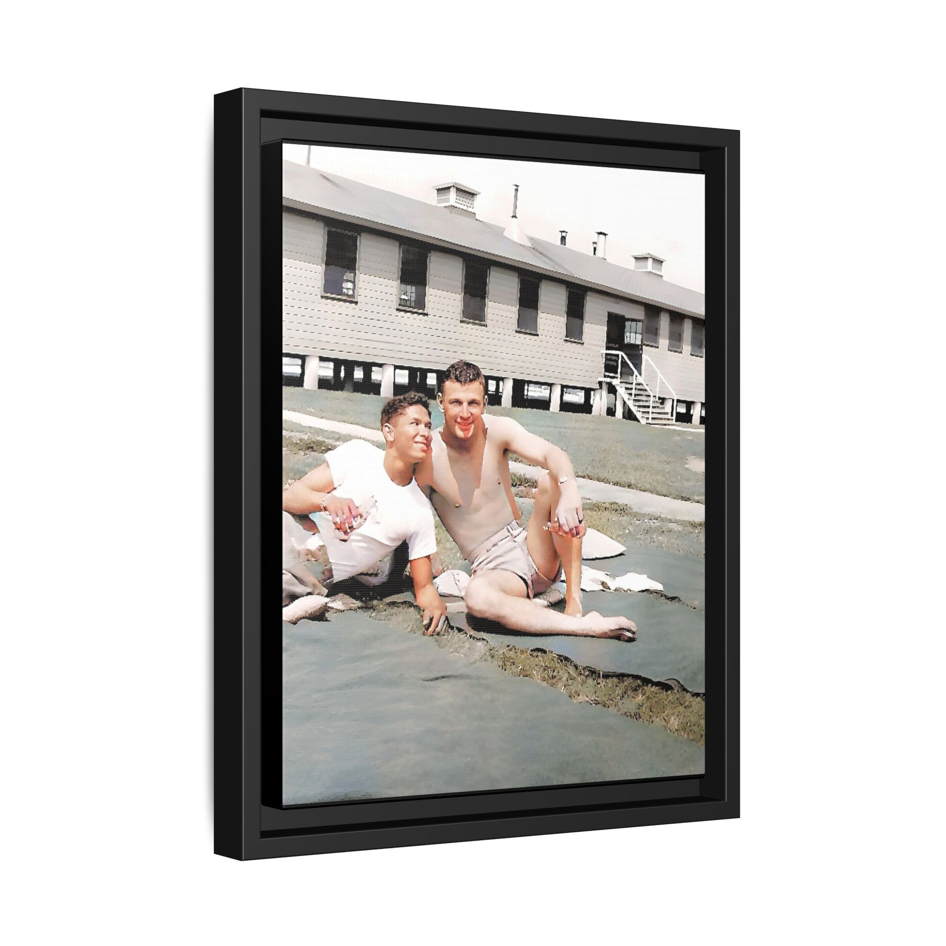 A framed vintage military portrait on matte canvas featuring Wayne and Jerry at Camp Blanding, Florida, capturing a timeless LGBTQ+ connection and companionship.
Gay Couple