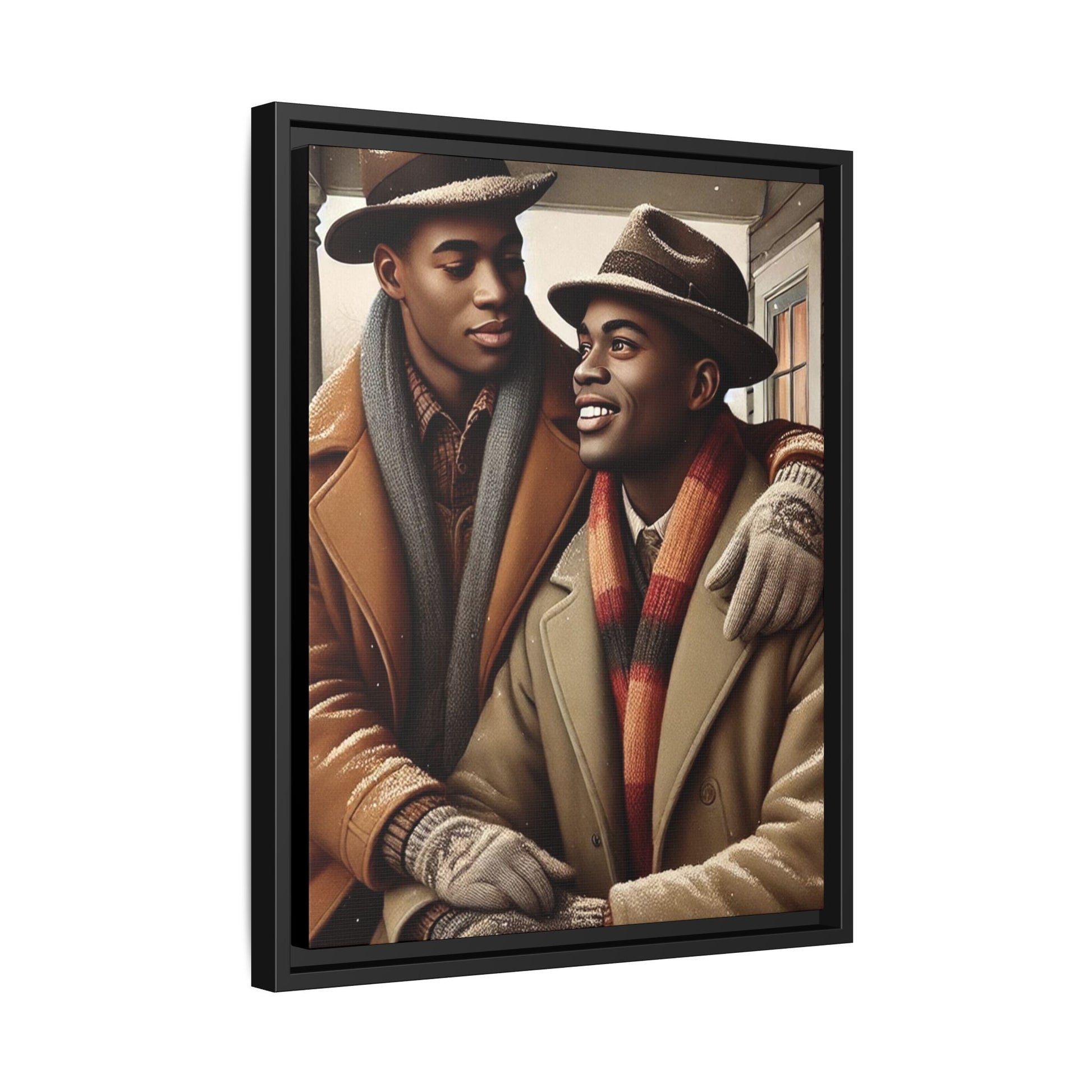 Artwork of an African-American queer couple sharing a cozy winter moment on a porch. Dressed in vintage winter attire with fedoras, scarves, and warm coats, they exchange affectionate gazes amidst softly falling snow, capturing love, warmth, and intimacy in a nostalgic winter setting.