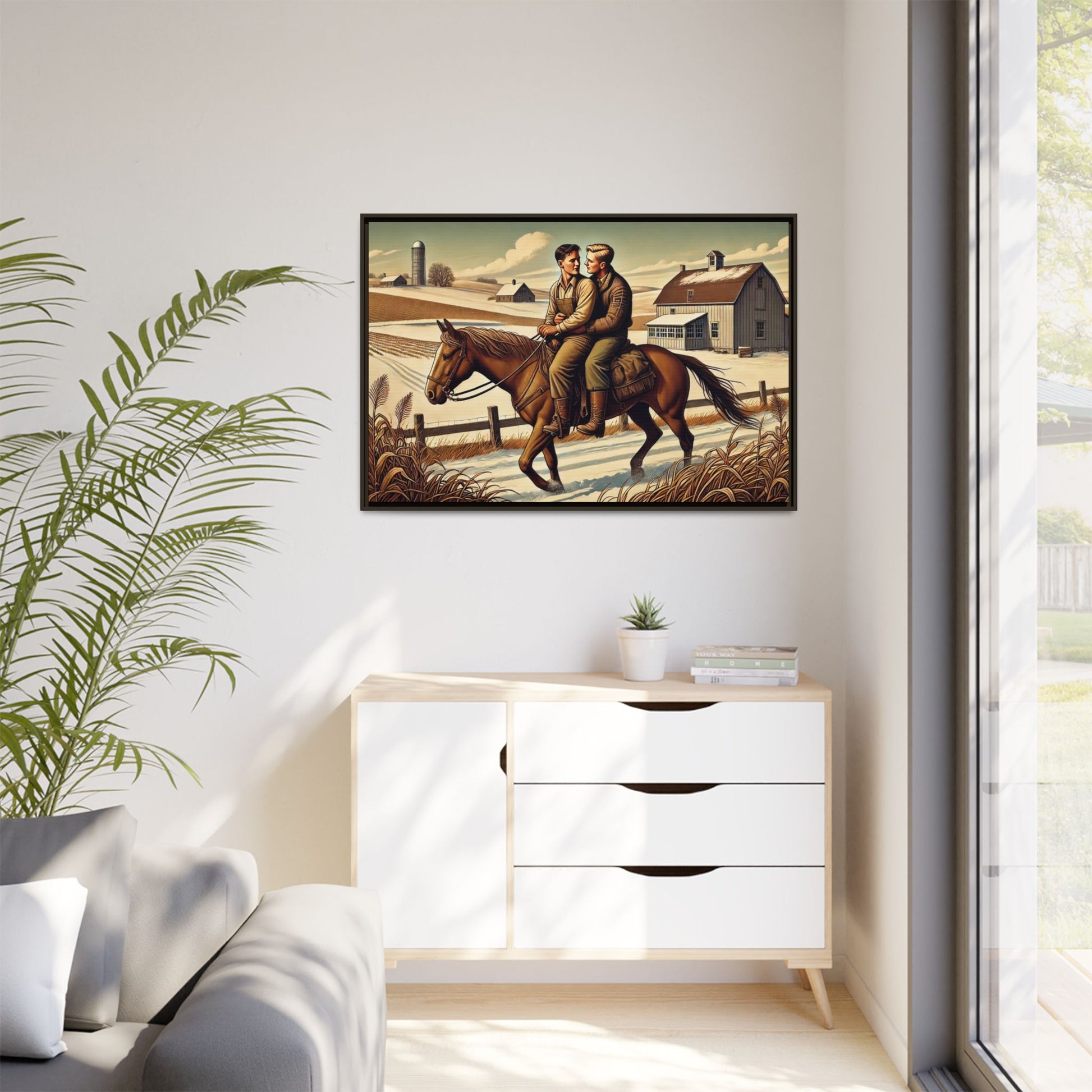 Artwork of a gay couple sharing a tender moment while seated together on a single horse in a snowy, rural Midwestern landscape. Dressed in early 20th-century attire, the men gaze at each other warmly, capturing love, resilience, and companionship in a serene 1930s-inspired American scene