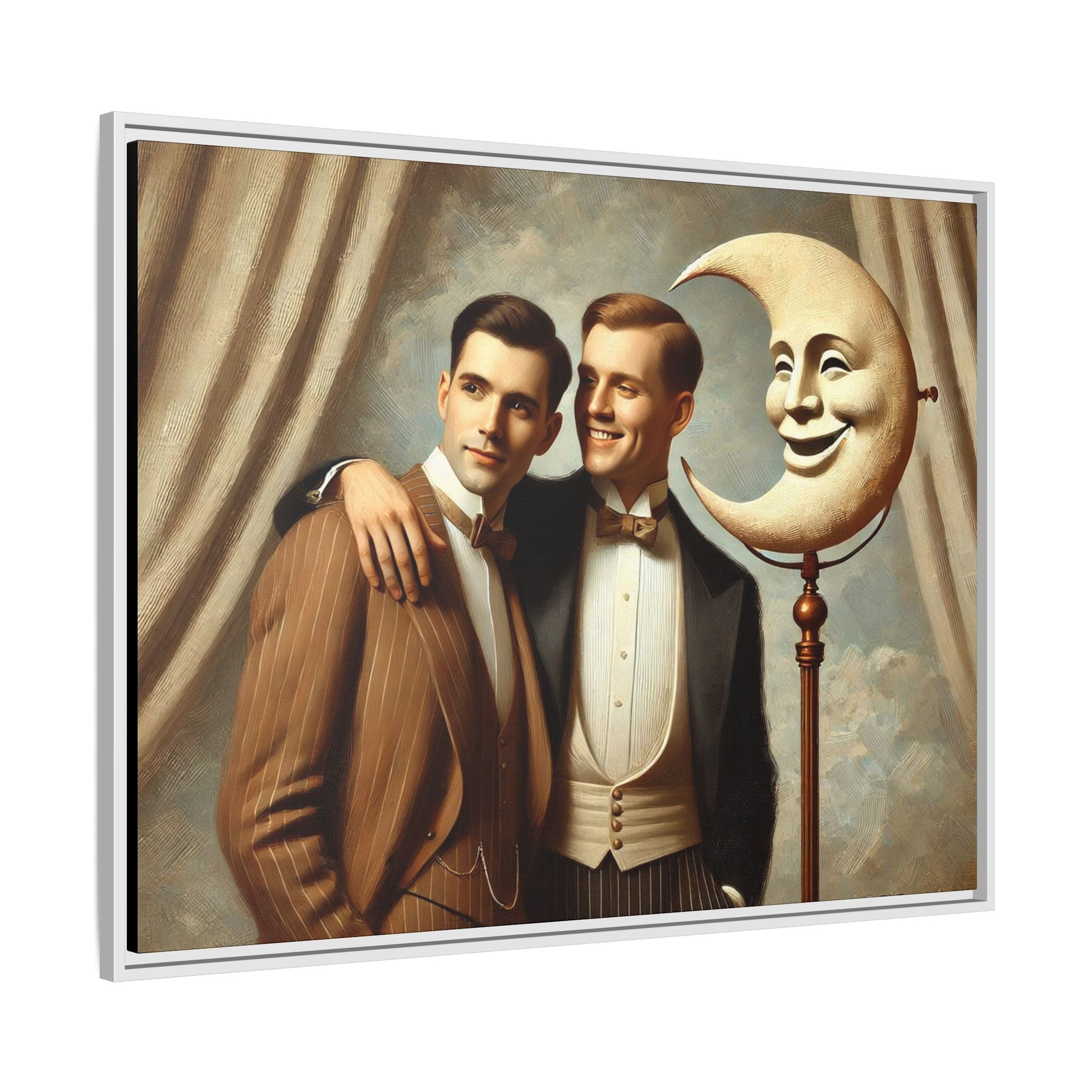 Framed matte canvas artwork of two men in vintage tuxedos standing beside a crescent moon prop. This piece reclaims LGBTQ+ representation lost to bias and honors everyday moments of affection and connection once absent from historical archives.