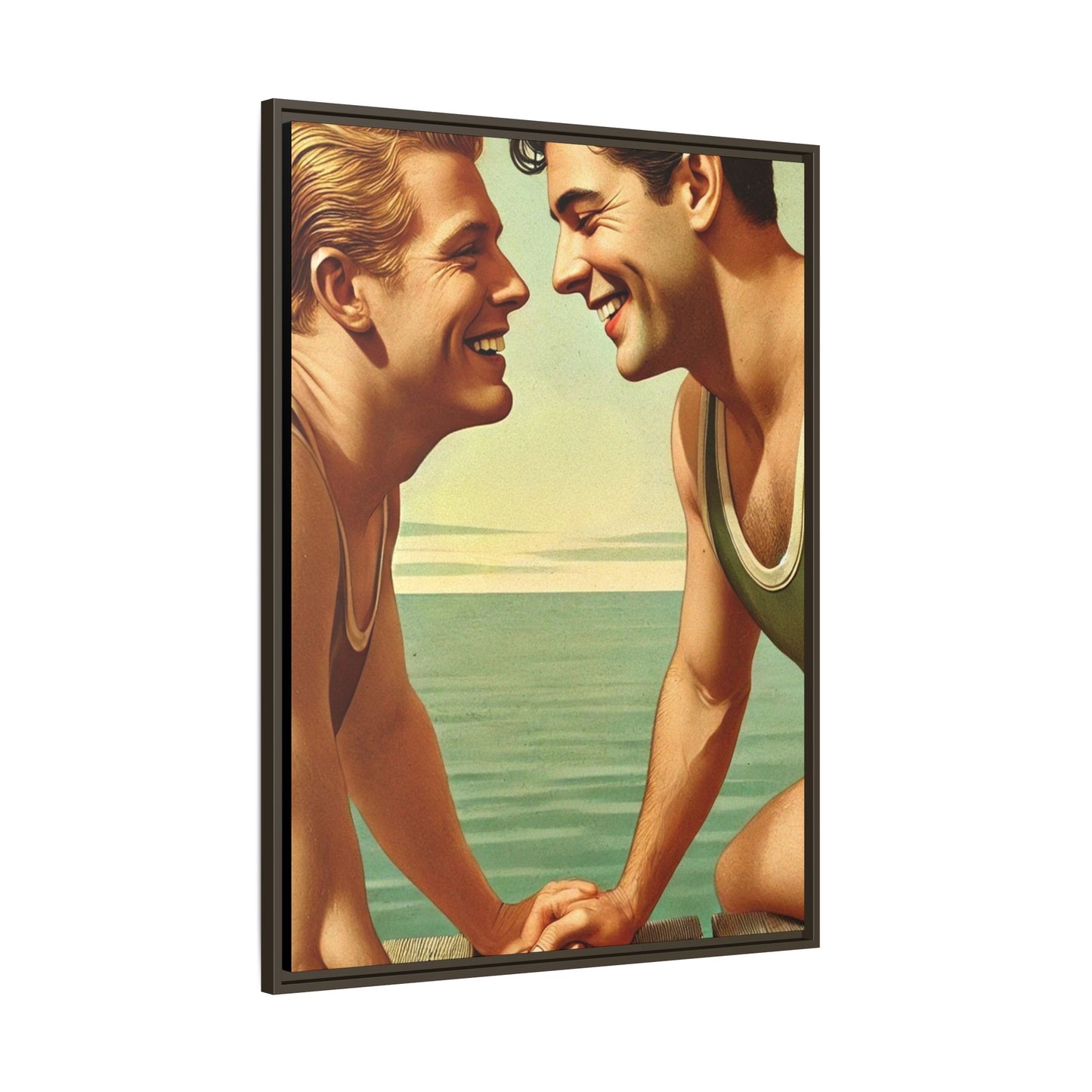 Vintage-style artwork of a joyful 1930s moment between a gay couple by the lake, dressed in classic swimwear and sharing warm smiles. Set on a serene wooden dock, this piece captures love, companionship, and LGBTQ+ history in an idyllic, nostalgic summer setting.