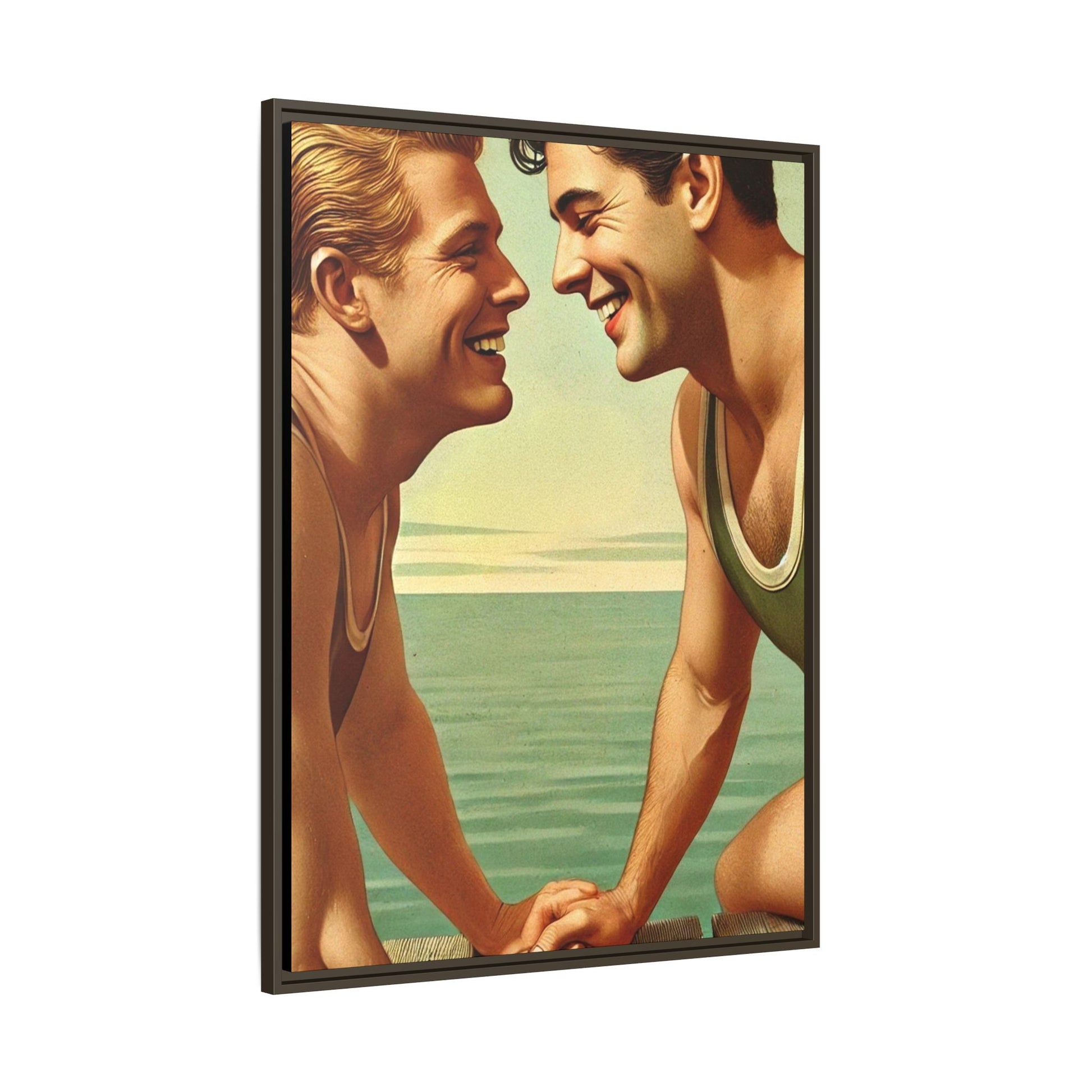 Vintage-style artwork of a joyful 1930s moment between a gay couple by the lake, dressed in classic swimwear and sharing warm smiles. Set on a serene wooden dock, this piece captures love, companionship, and LGBTQ+ history in an idyllic, nostalgic summer setting.