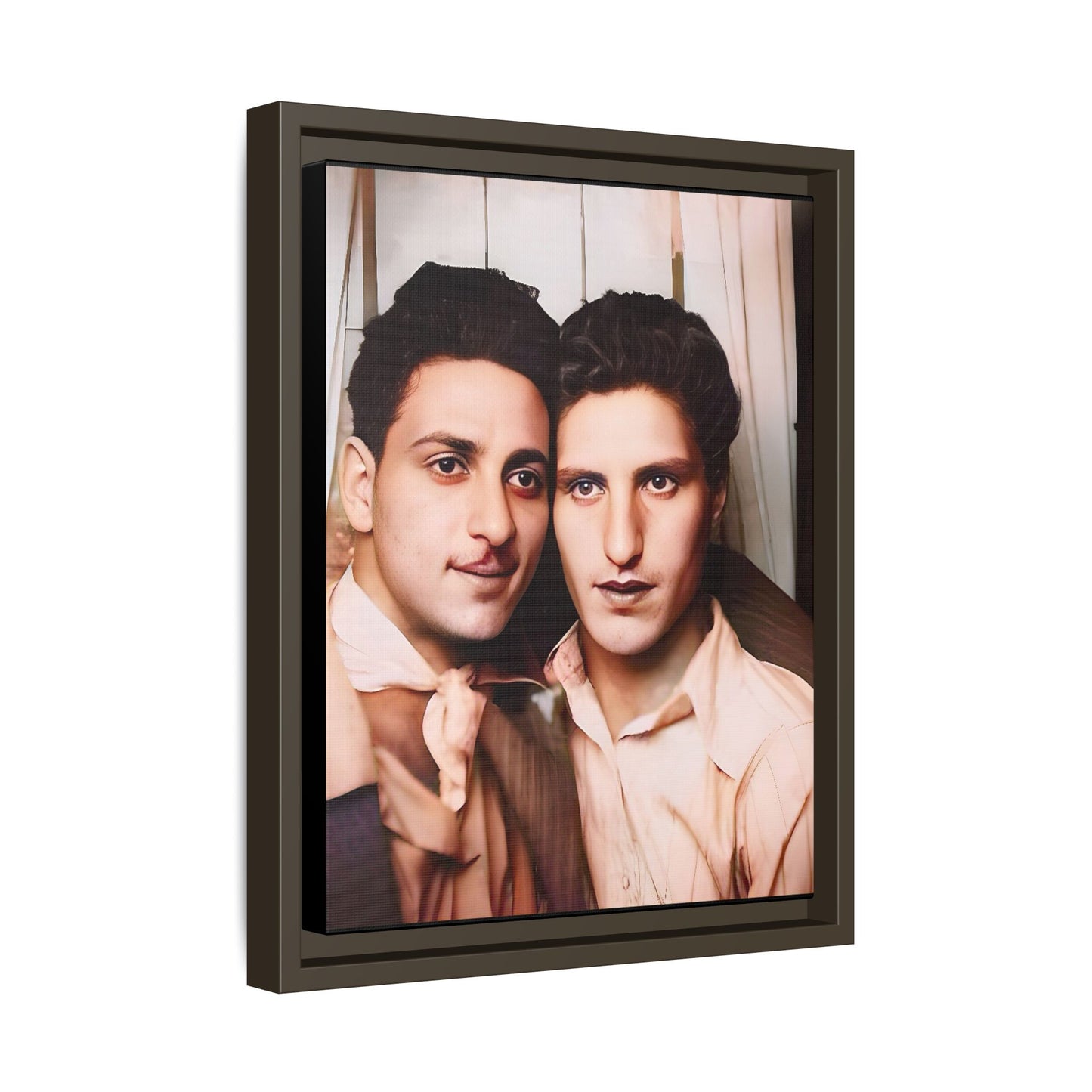 A framed vintage photo booth portrait on matte canvas featuring Juan and Lawrence in Santa Monica, California, capturing timeless LGBTQ+ love and companionship. Gay Couple