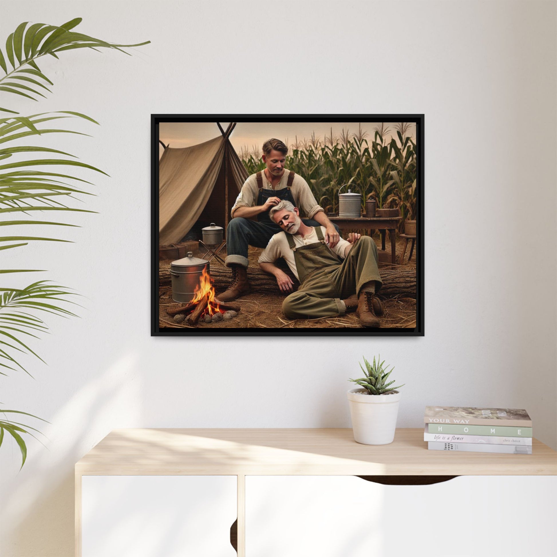 Older queer couple sharing a tender moment by the campfire, celebrating love