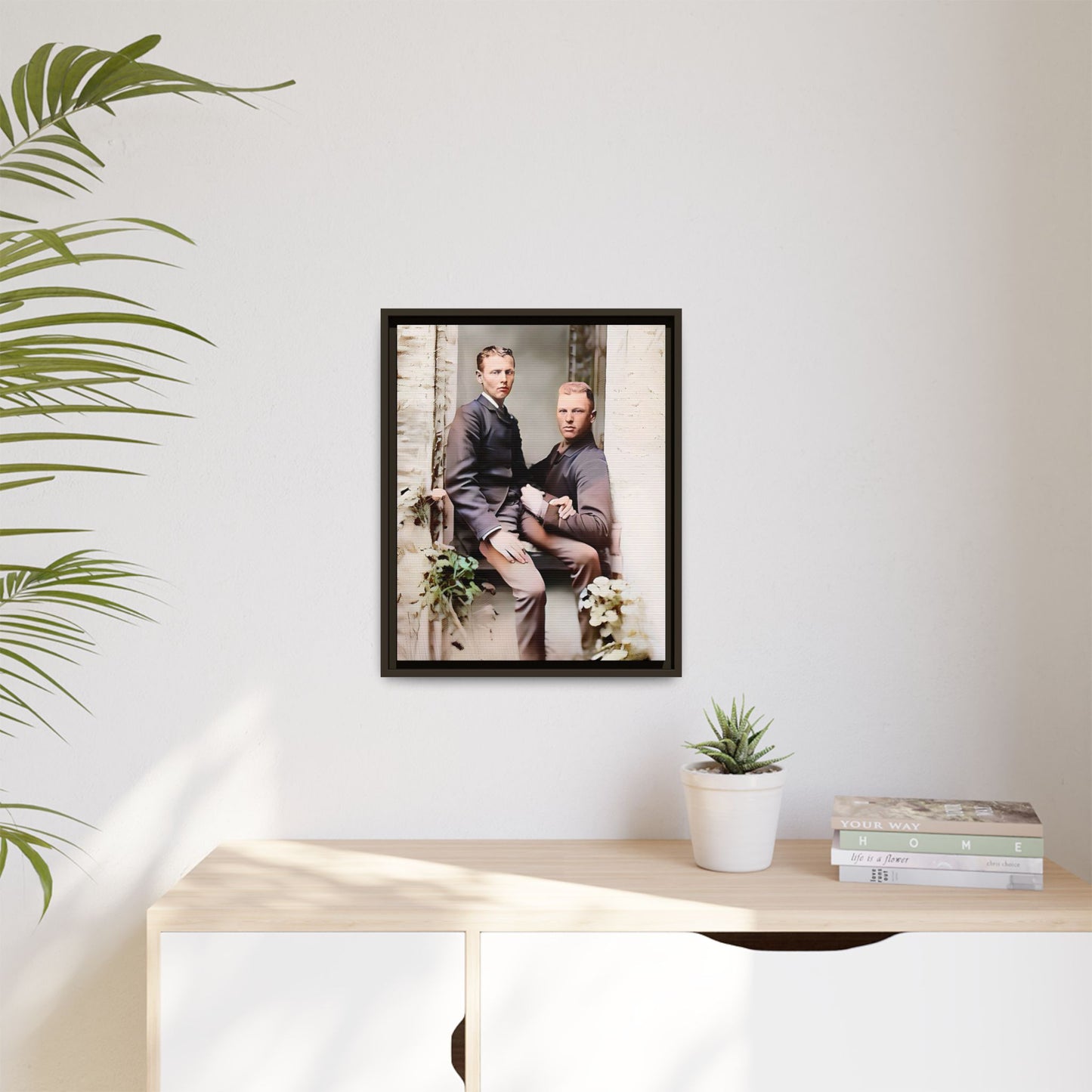 Restored vintage photo of Albert & Harold in tender embrace, Austin TX gay couple, framed art
