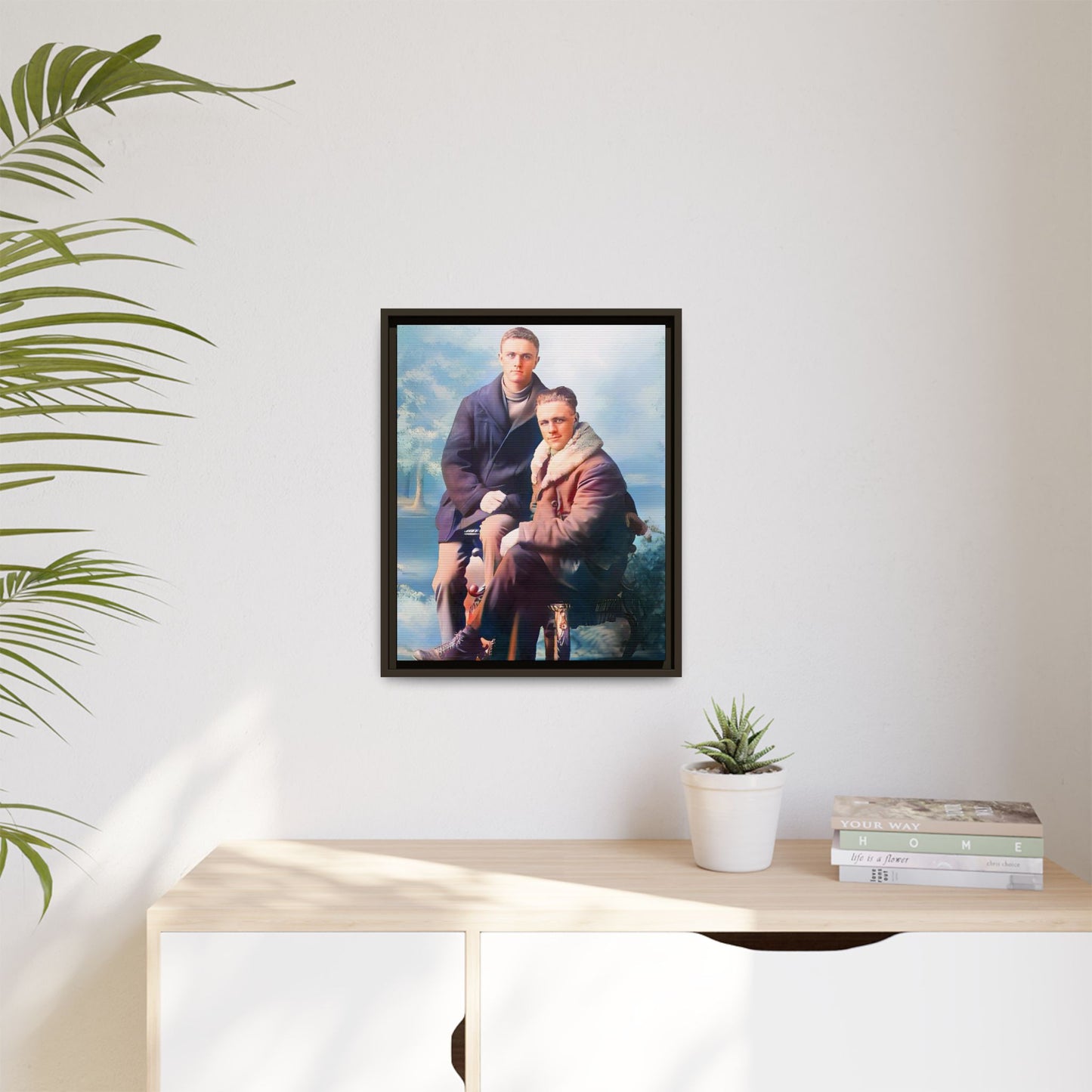 Restored vintage photograph of David and Sam, a gay couple in winter attire from early 20th century Yakima, Washington. Framed matte canvas print showcasing love, resilience, and Gay  history.