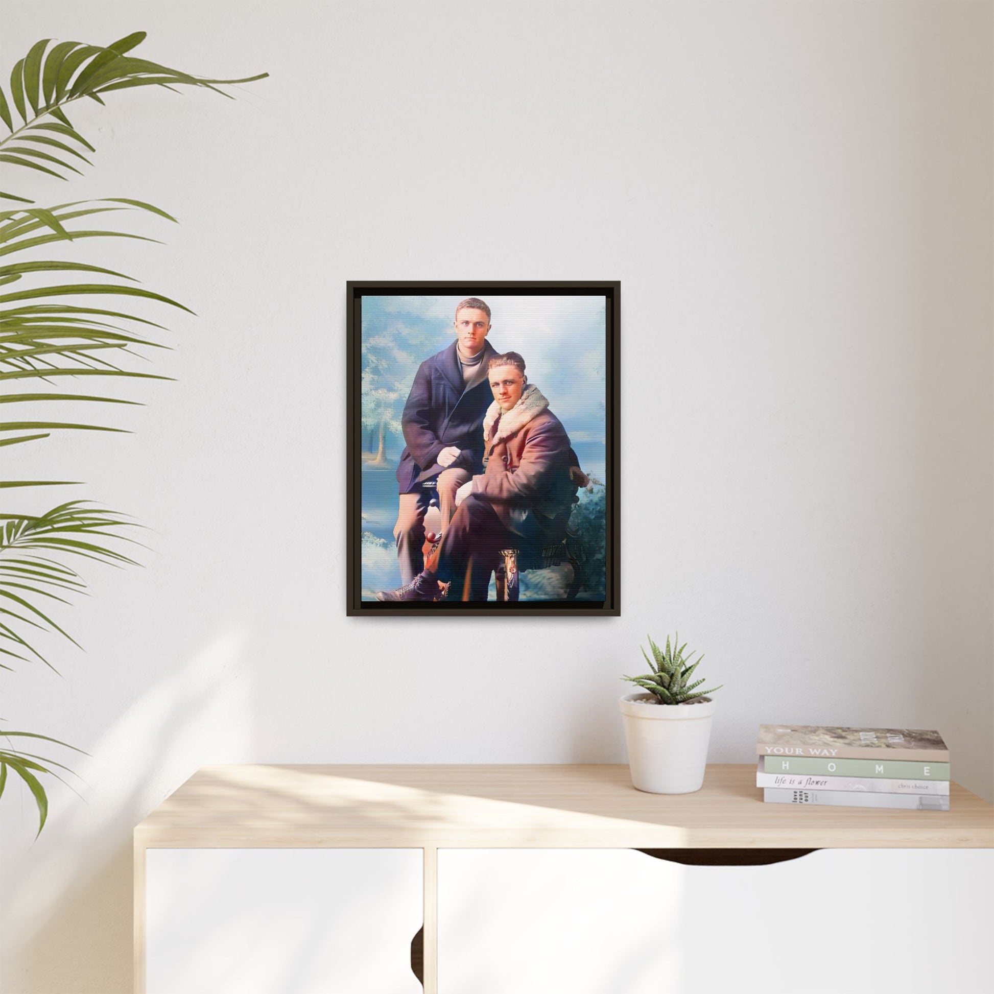 Restored vintage photograph of David and Sam, a gay couple in winter attire from early 20th century Yakima, Washington. Framed matte canvas print showcasing love, resilience, and Gay  history.