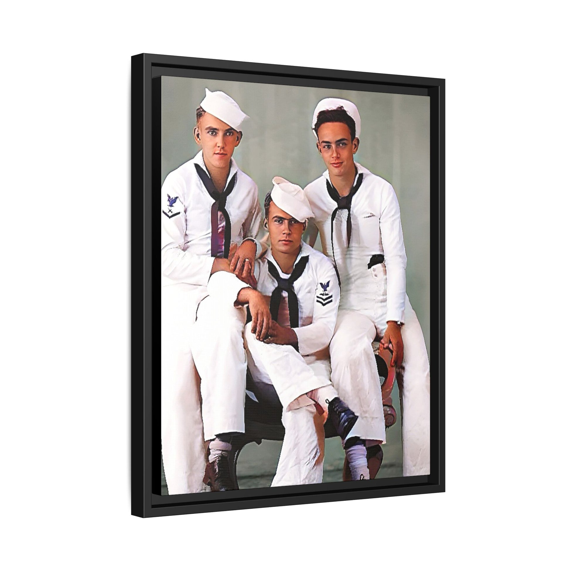 A restored vintage portrait of three sailors aboard the USS Alabama. This framed matte canvas honors naval history, camaraderie, and timeless service.