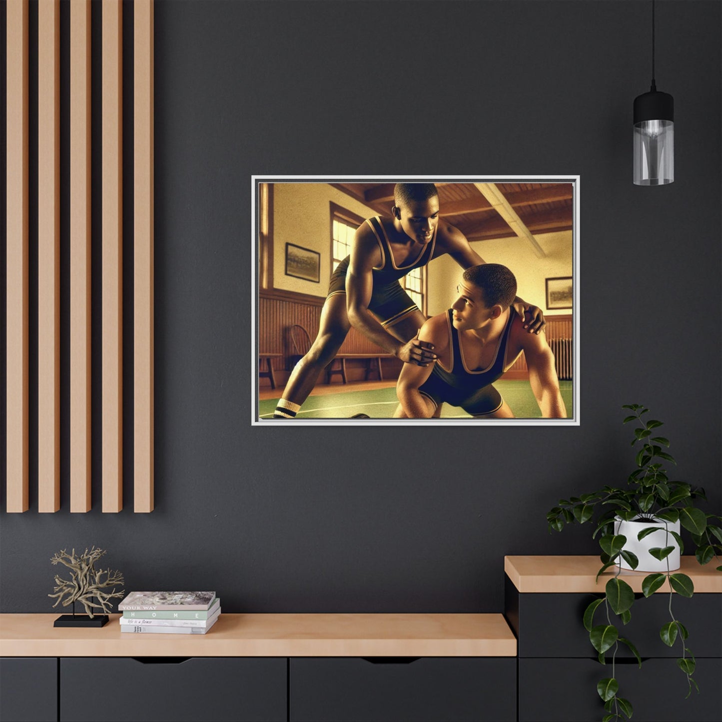 Framed canvas artwork inspired by Grant Wood featuring African-American and European-American wrestlers in a vintage gymnasium. A tribute to unity, diversity, and regionalist art.