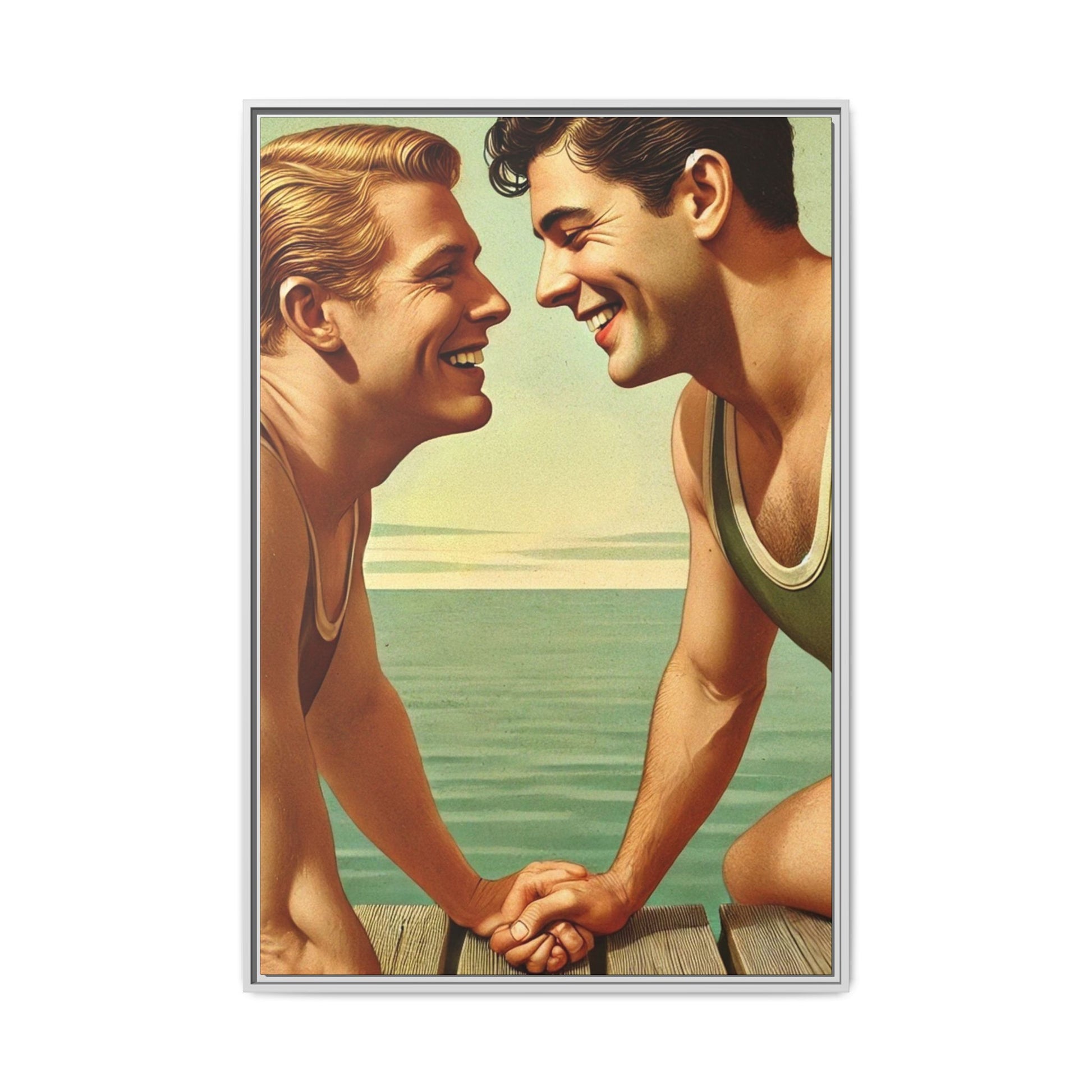 Vintage-style artwork of a joyful 1930s moment between a gay couple by the lake, dressed in classic swimwear and sharing warm smiles. Set on a serene wooden dock, this piece captures love, companionship, and LGBTQ+ history in an idyllic, nostalgic summer setting.