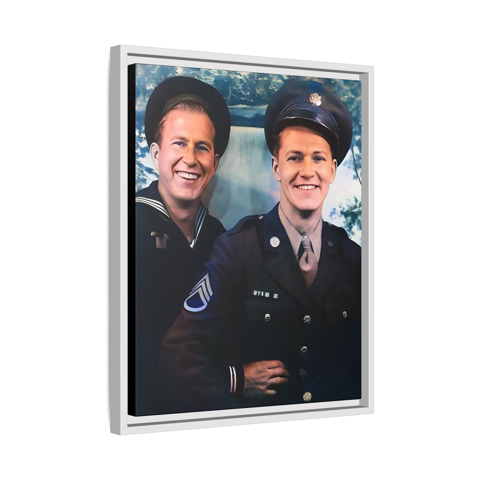 A framed vintage military portrait on matte canvas featuring a sailor and a soldier in Scapa Flow, Scotland, symbolizing service and camaraderie. Gay Couple