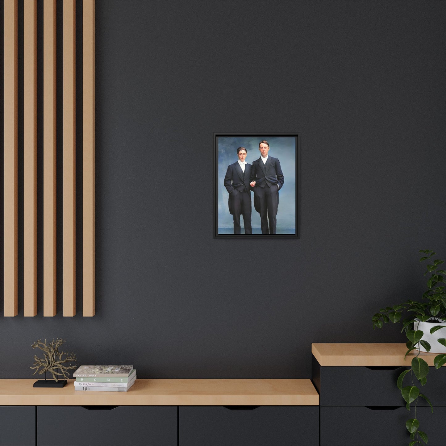 A framed vintage photo on matte canvas featuring a sophisticated LGBTQ+ couple in Rumson, NJ, capturing elegance and timeless love. Gay Formal Prom