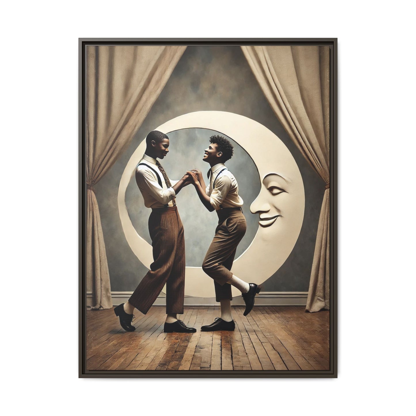Two joyful young Black men dressed in 1920s fashion dancing in front of a crescent moon prop with a smiling face. This artwork reclaims erased queer love, offering a whimsical and powerful celebration of Black LGBTQ+ youth and history.