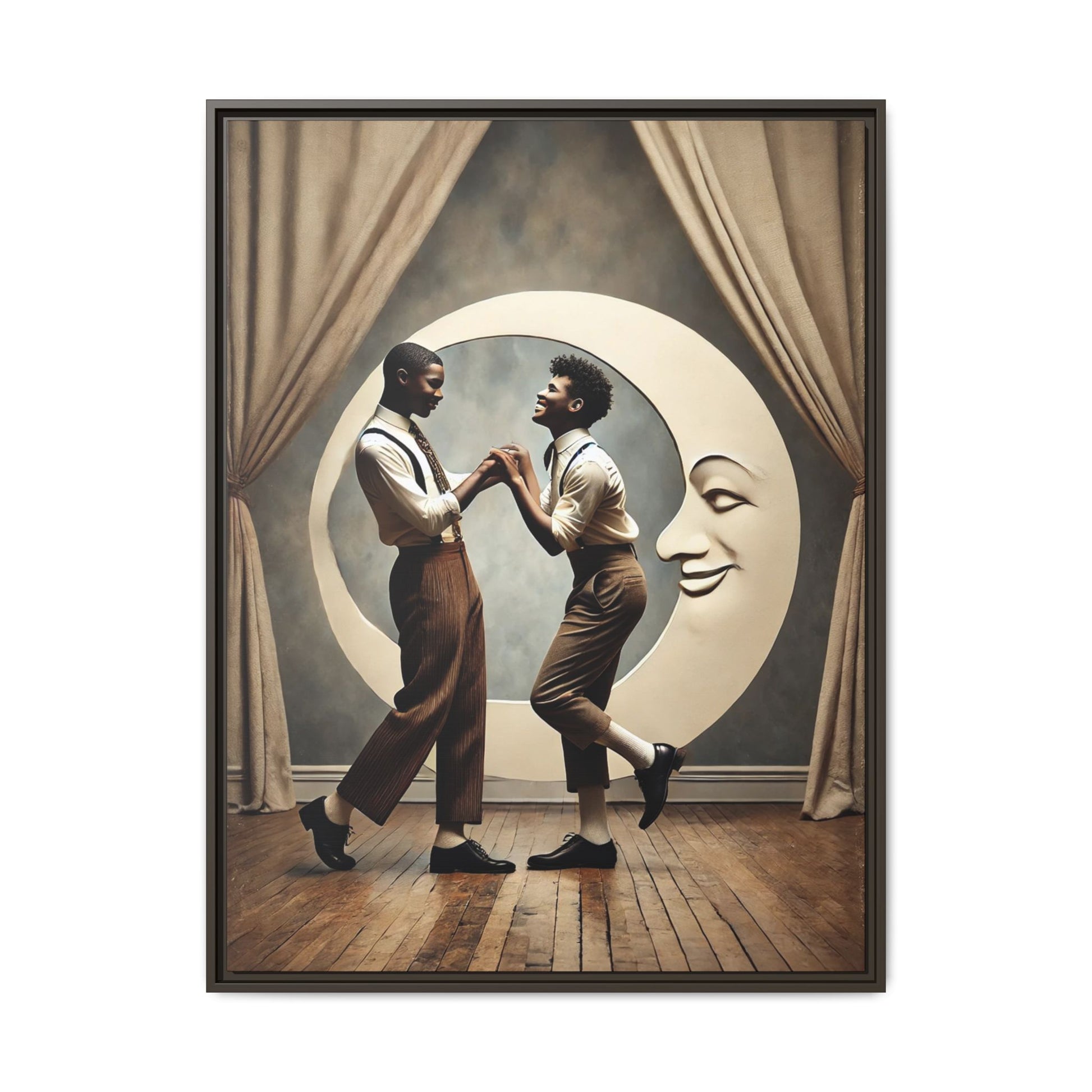 Two joyful young Black men dressed in 1920s fashion dancing in front of a crescent moon prop with a smiling face. This artwork reclaims erased queer love, offering a whimsical and powerful celebration of Black LGBTQ+ youth and history.