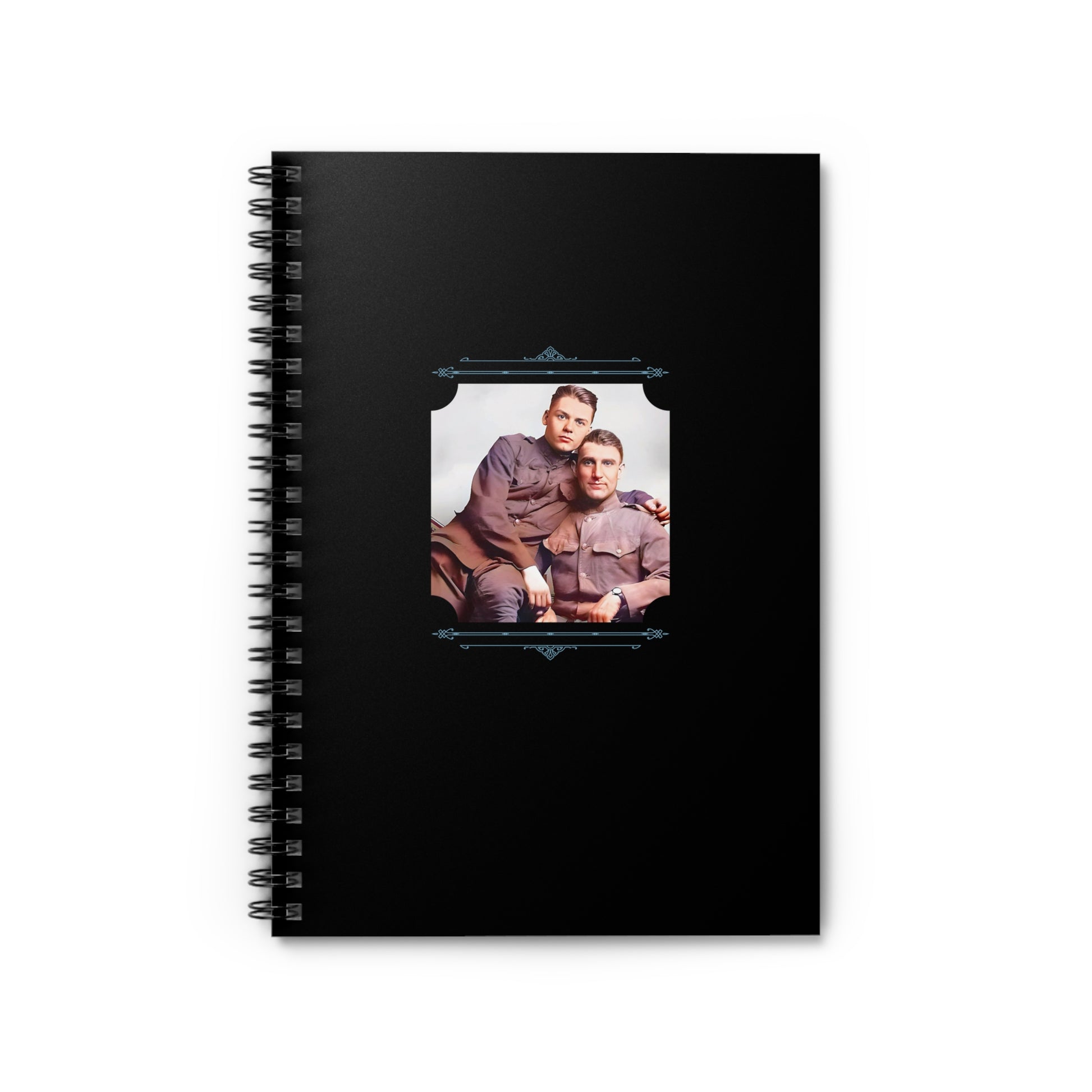 Spiral notebook featuring a vintage photo of two gay soldiers posed closely in uniform, restored in color.