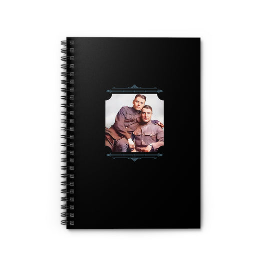 Spiral notebook featuring a vintage photo of two gay soldiers posed closely in uniform, restored in color.