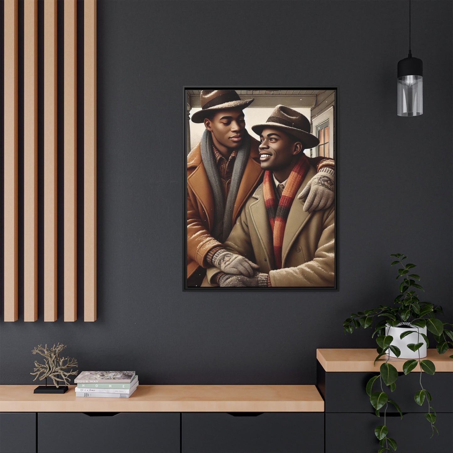 Artwork of an African-American gay couple sharing a cozy winter moment on a porch. Dressed in vintage winter attire with fedoras, scarves, and warm coats, they exchange affectionate gazes amidst softly falling snow, capturing love, warmth, and intimacy in a nostalgic winter setting.