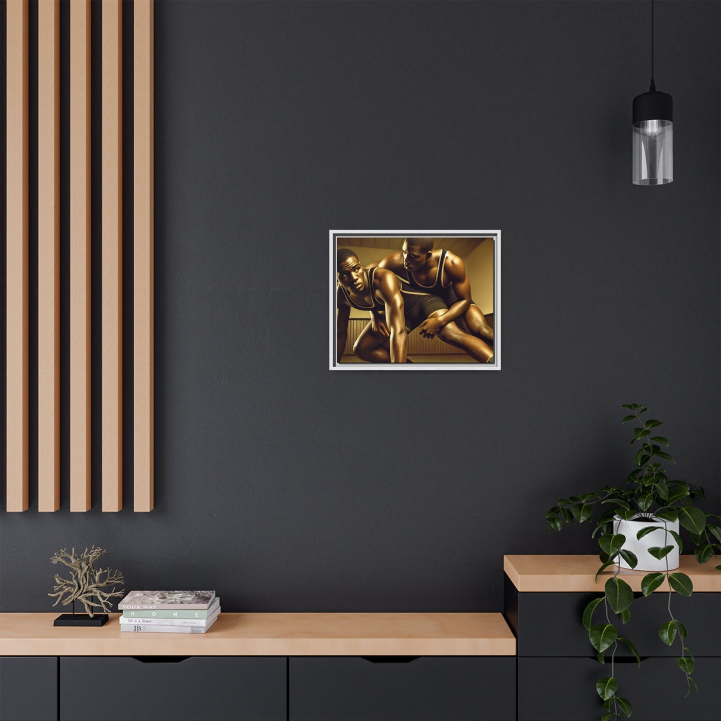 Framed artwork inspired by Grant Wood, showcasing African-American wrestlers in a vintage gymnasium setting. A powerful tribute to teamwork, resilience, and regionalist art.