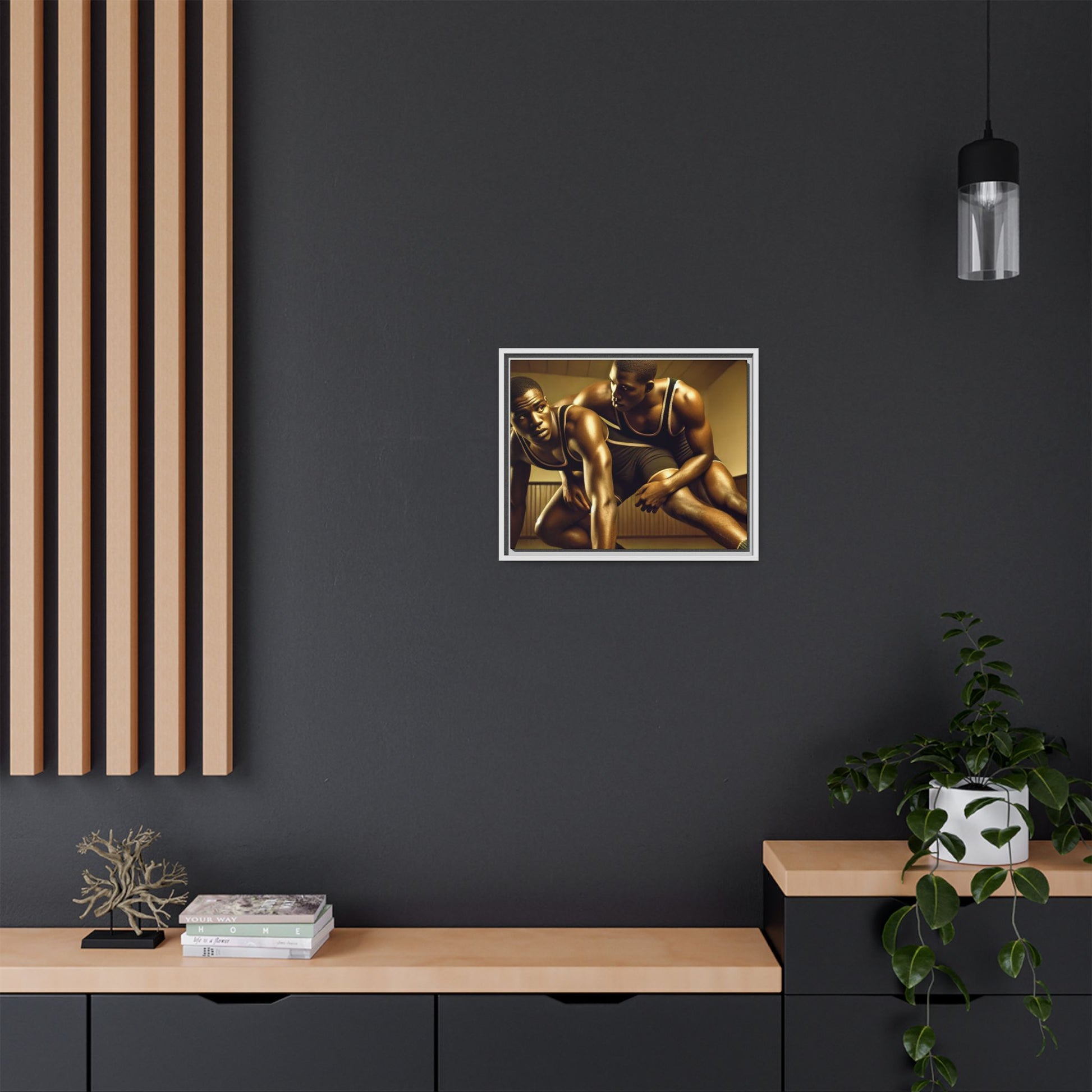 Framed artwork inspired by Grant Wood, showcasing African-American wrestlers in a vintage gymnasium setting. A powerful tribute to teamwork, resilience, and regionalist art.