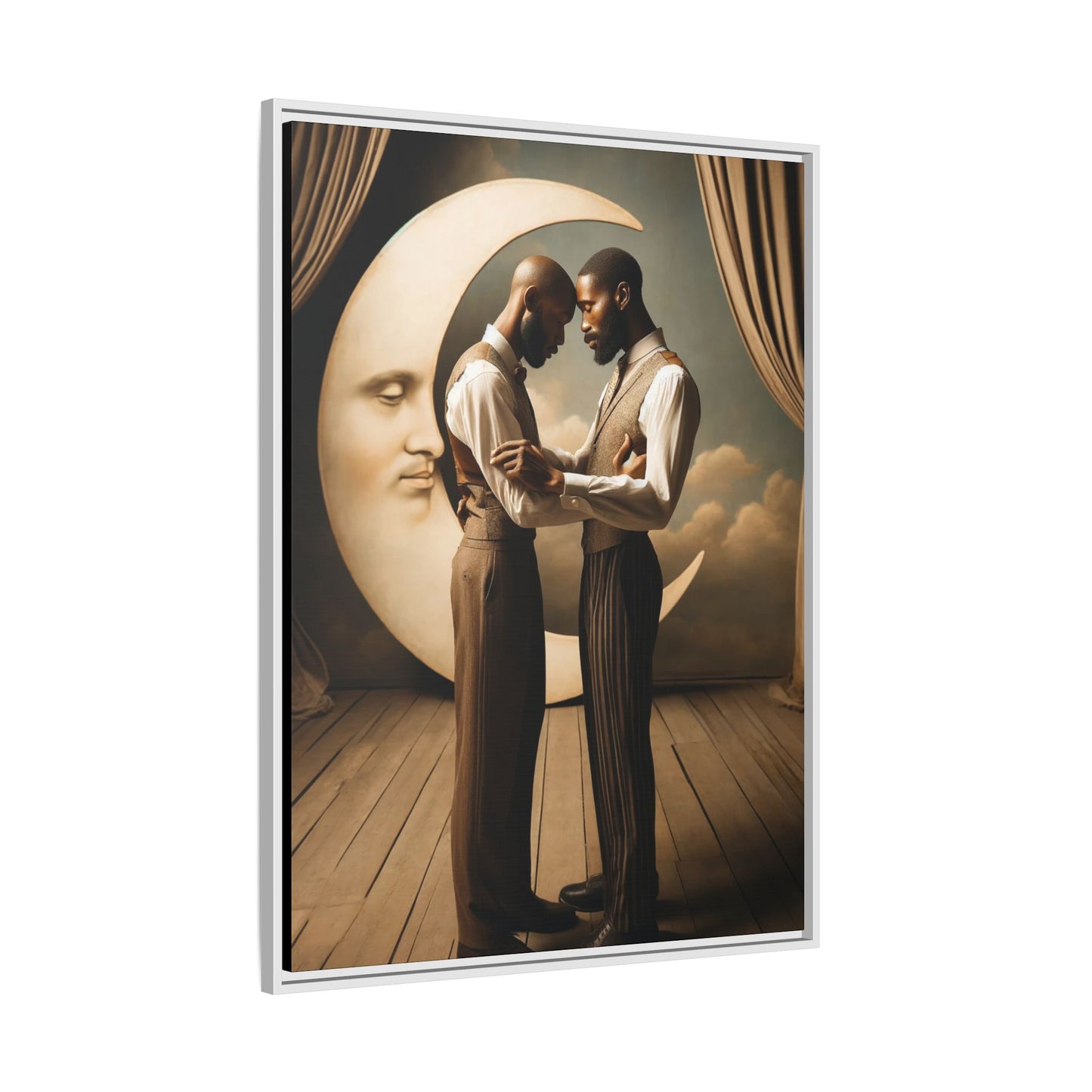 Two Black men in vintage 1920s clothing stand forehead to forehead, embraced beneath a glowing crescent moon. A theatrical scene honoring queer love, memory, and history, reclaiming moments that were never captured due to cultural bias.