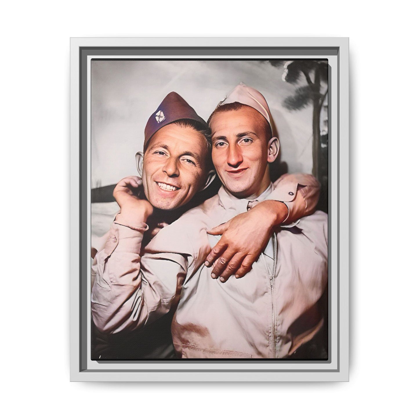 A framed vintage military photo on matte canvas featuring a loving couple at Fort Jackson, South Carolina, honoring LGBTQ+ history and resilience.