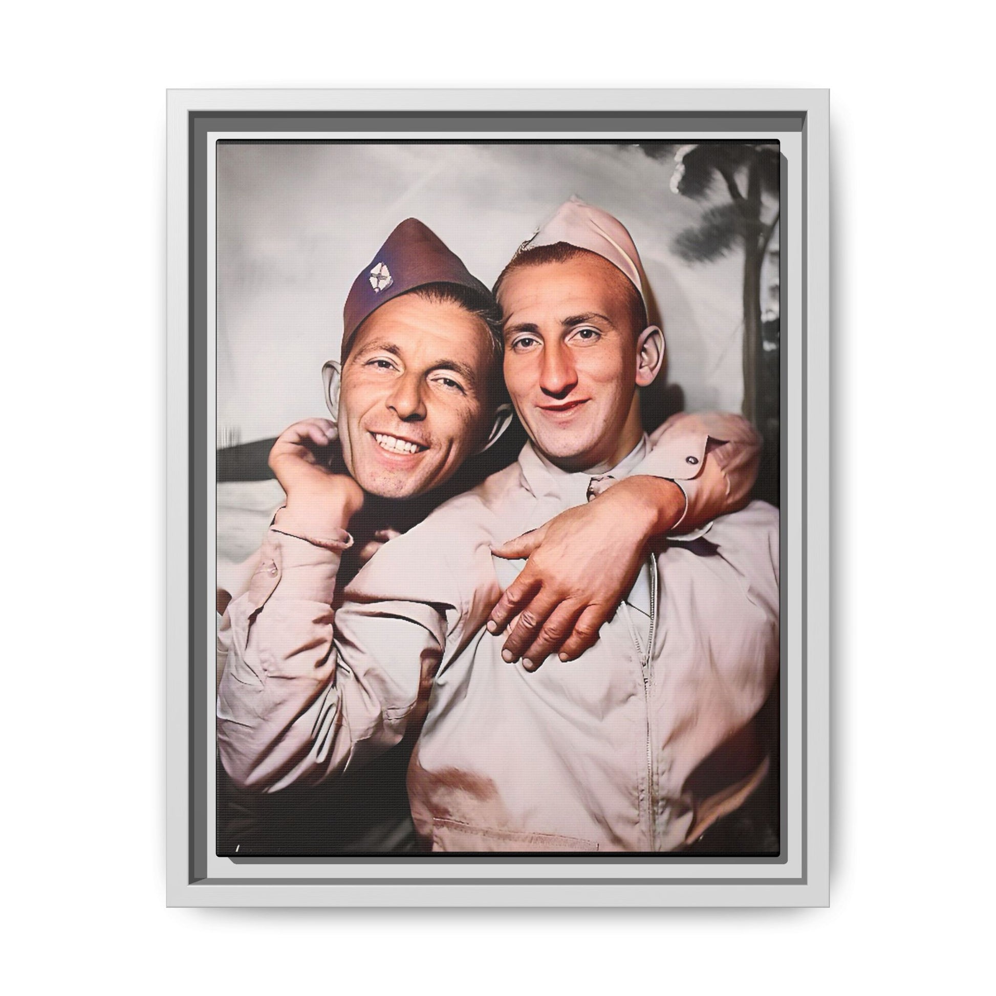 A framed vintage military photo on matte canvas featuring a loving couple at Fort Jackson, South Carolina, honoring LGBTQ+ history and resilience.