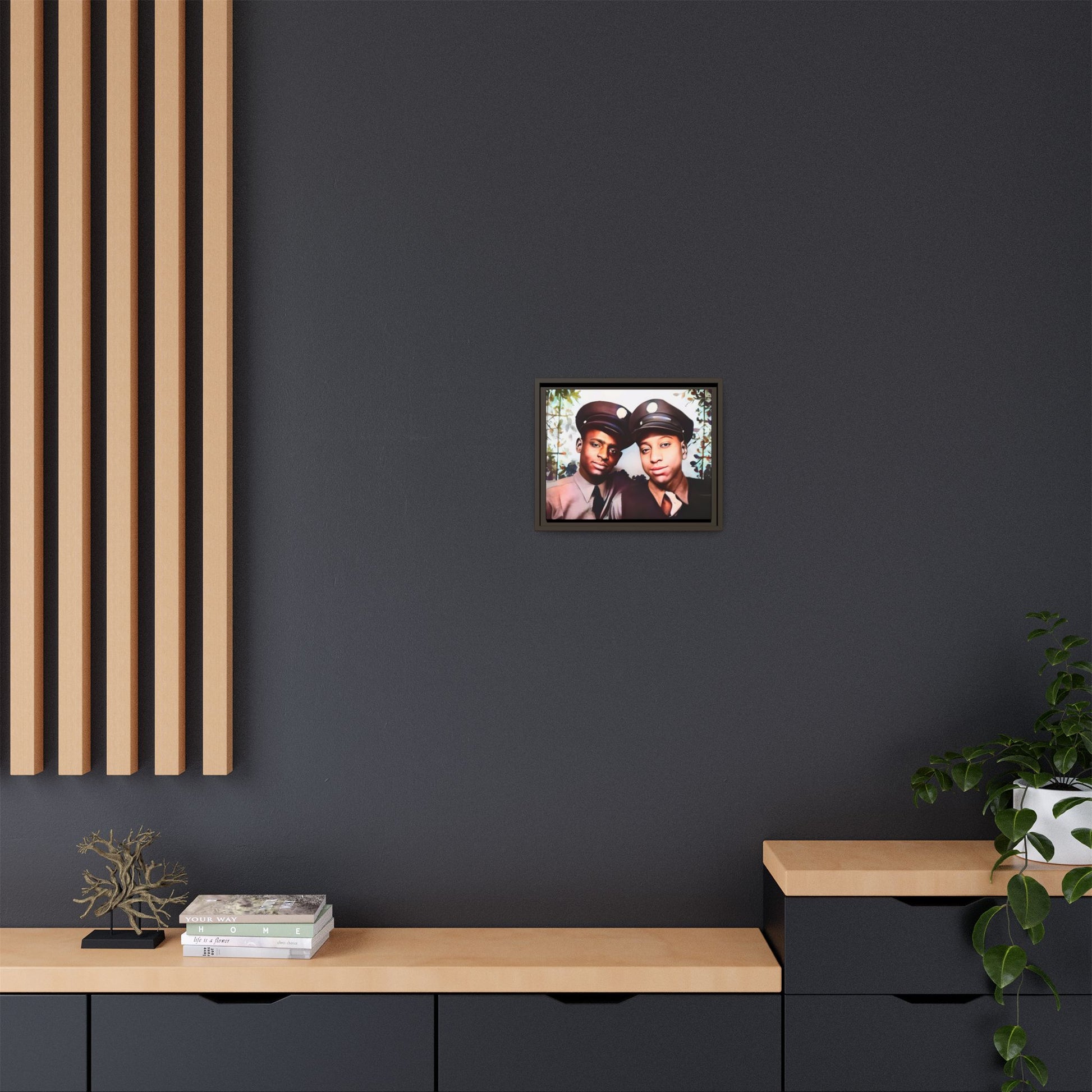 Vintage portrait of Deion & Marcus in Lexington, KY. Framed matte canvas celebrating African-American LGBTQ+ history, showcasing unity and timeless love. Perfect for collectors, art enthusiasts, and those honoring diversity and inclusion through decor.