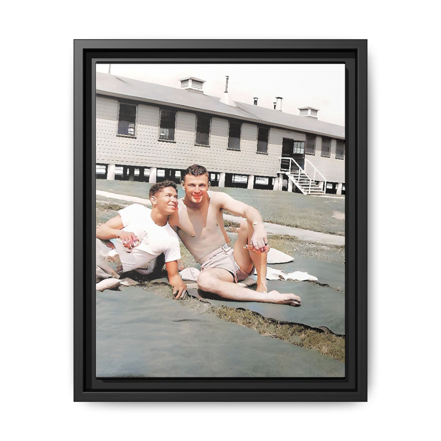 A framed vintage military portrait on matte canvas featuring Wayne and Jerry at Camp Blanding, Florida, capturing a timeless LGBTQ+ connection and companionship.
Gay Couple