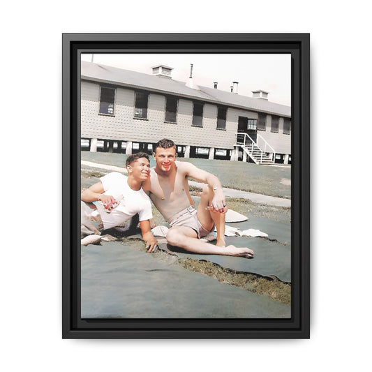 A framed vintage military portrait on matte canvas featuring Wayne and Jerry at Camp Blanding, Florida, capturing a timeless LGBTQ+ connection and companionship.
Gay Couple