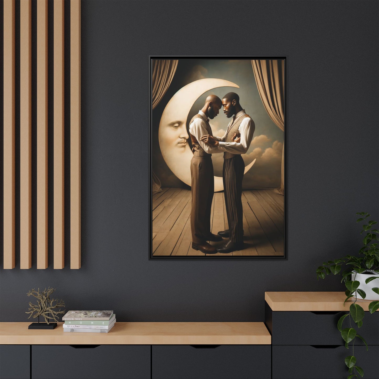 Two Black men in vintage 1920s clothing stand forehead to forehead, embraced beneath a glowing crescent moon. A theatrical scene honoring queer love, memory, and history, reclaiming moments that were never captured due to cultural bias.