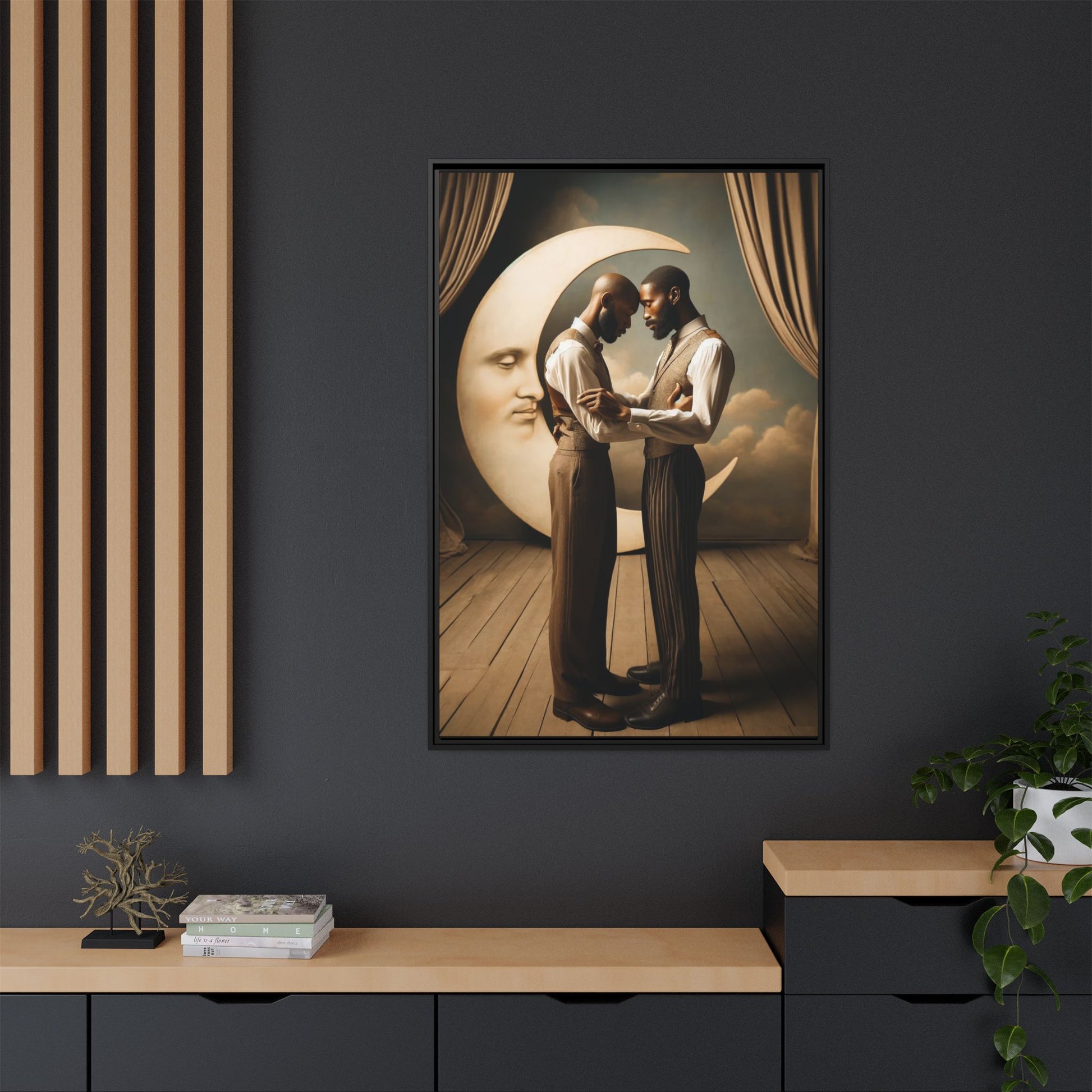 Two Black men in vintage 1920s clothing stand forehead to forehead, embraced beneath a glowing crescent moon. A theatrical scene honoring queer love, memory, and history, reclaiming moments that were never captured due to cultural bias.