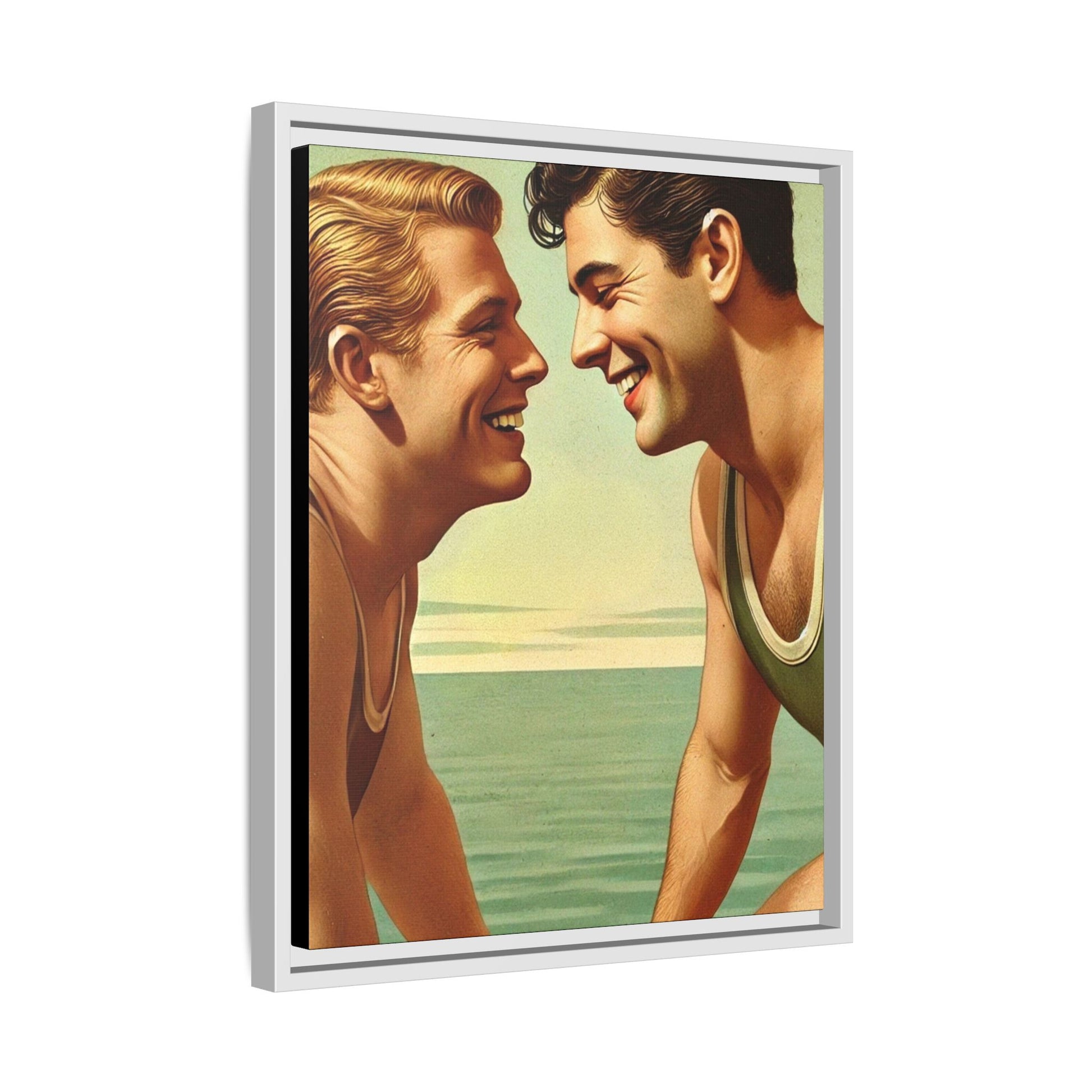 Vintage-style artwork of a joyful 1930s moment between a gay couple by the lake, dressed in classic swimwear and sharing warm smiles. Set on a serene wooden dock, this piece captures love, companionship, and LGBTQ+ history in an idyllic, nostalgic summer setting.
