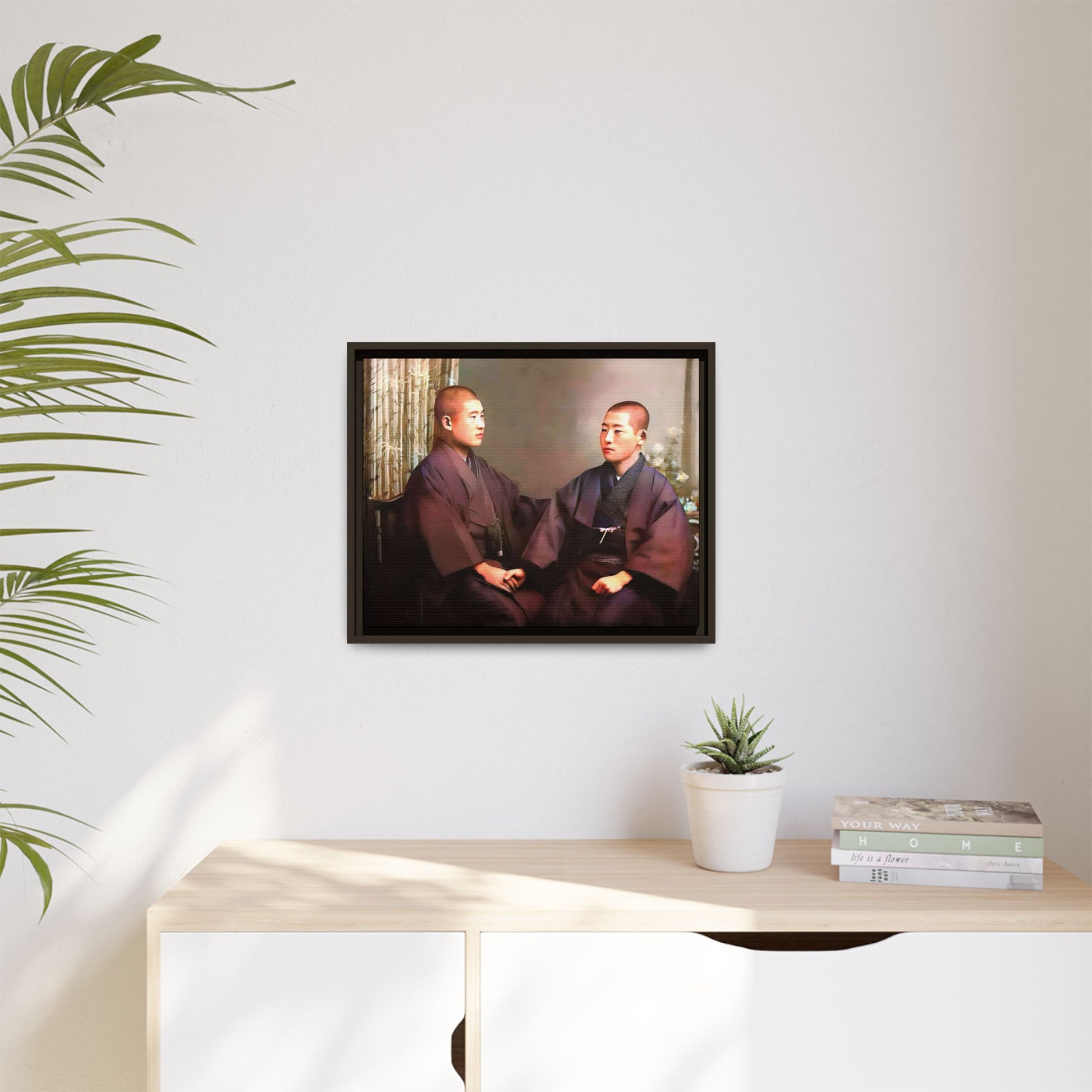 A vintage portrait of Hiroto & Atsushi in Kyoto, Japan. This framed matte canvas celebrates LGBTQ+ love, cultural heritage, and timeless elegance, making it a unique and meaningful art piece for collectors and history enthusiasts. Gay Couple