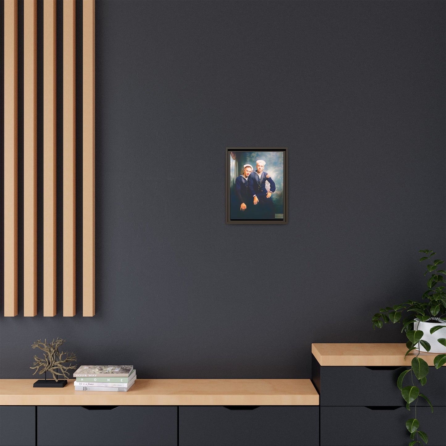 A restored vintage naval portrait of Thomas & Ervin at Naval Station Newport, Rhode Island. This framed matte canvas honors LGBTQ+ history, military service, and timeless camaraderie. Gay Couple