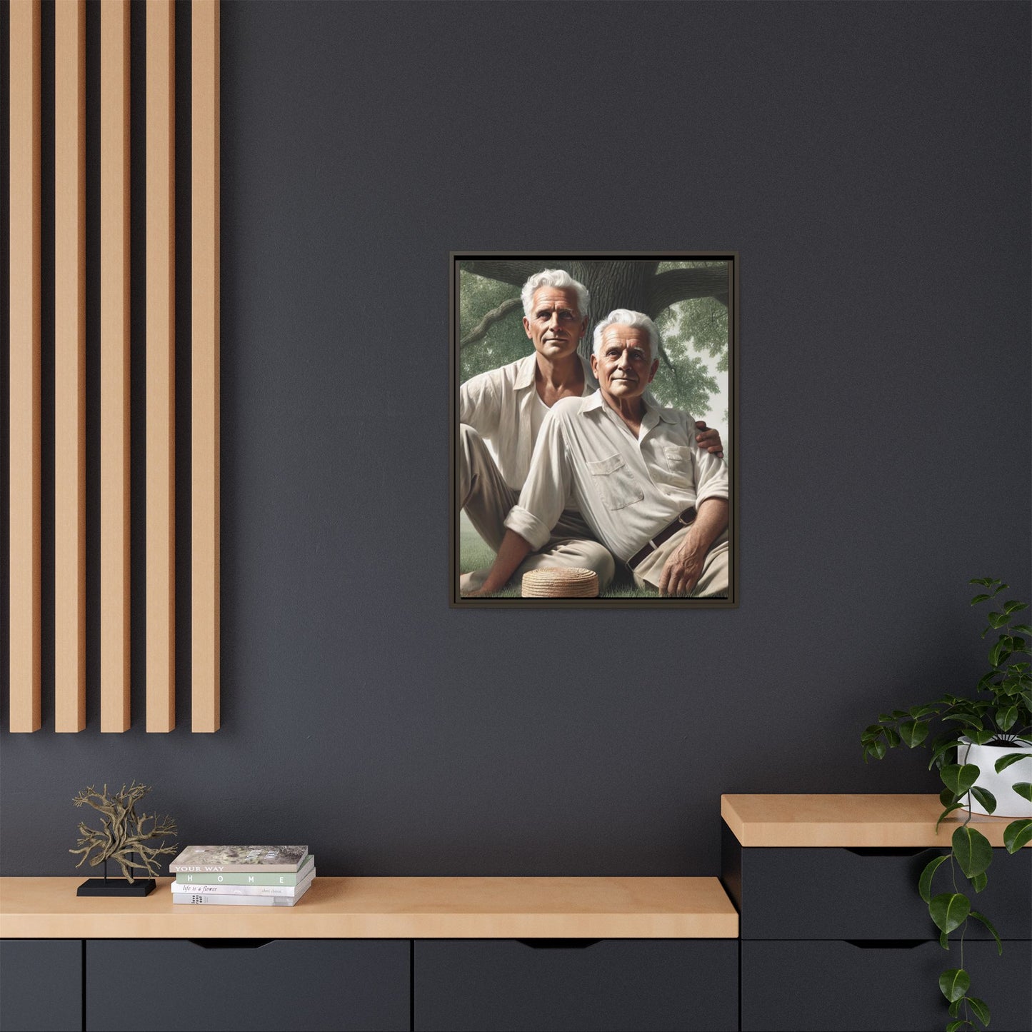 Hyper-realistic painting of an elderly gay couple in 1930s vintage attire under a leafy tree, celebrating love and resilience.
