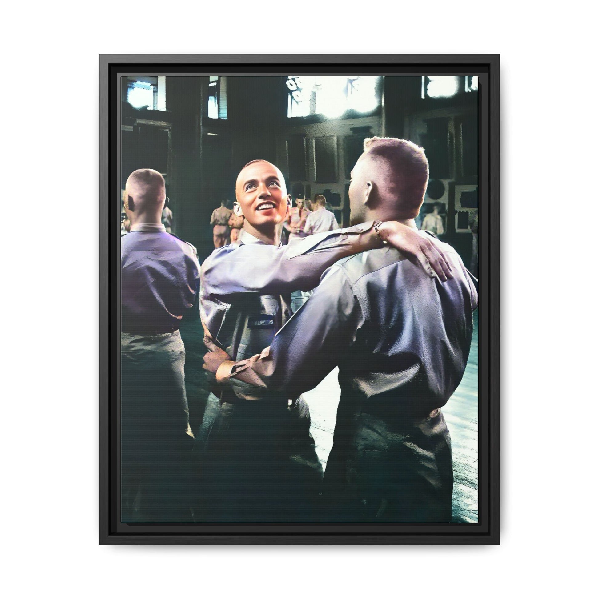 Restored mid-20th century photo of two men dancing at a USO event in Fort Belvoir, celebrating LGBTQ+ love and resilience, framed as wall décor Gay Couple