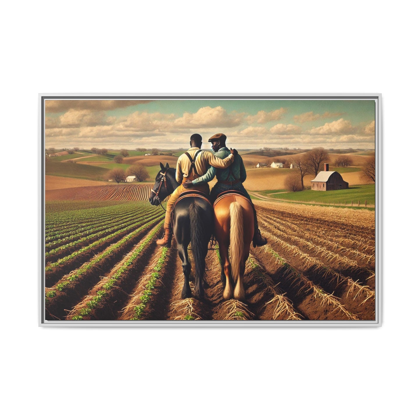 Artwork of an African-American gay couple riding horseback through expansive farmland, sharing a tender moment as they overlook lush fields. Dressed in rugged vintage attire, this scene captures resilience, love, and the charm of rural life, celebrating LGBTQ+ history and African-American heritage.