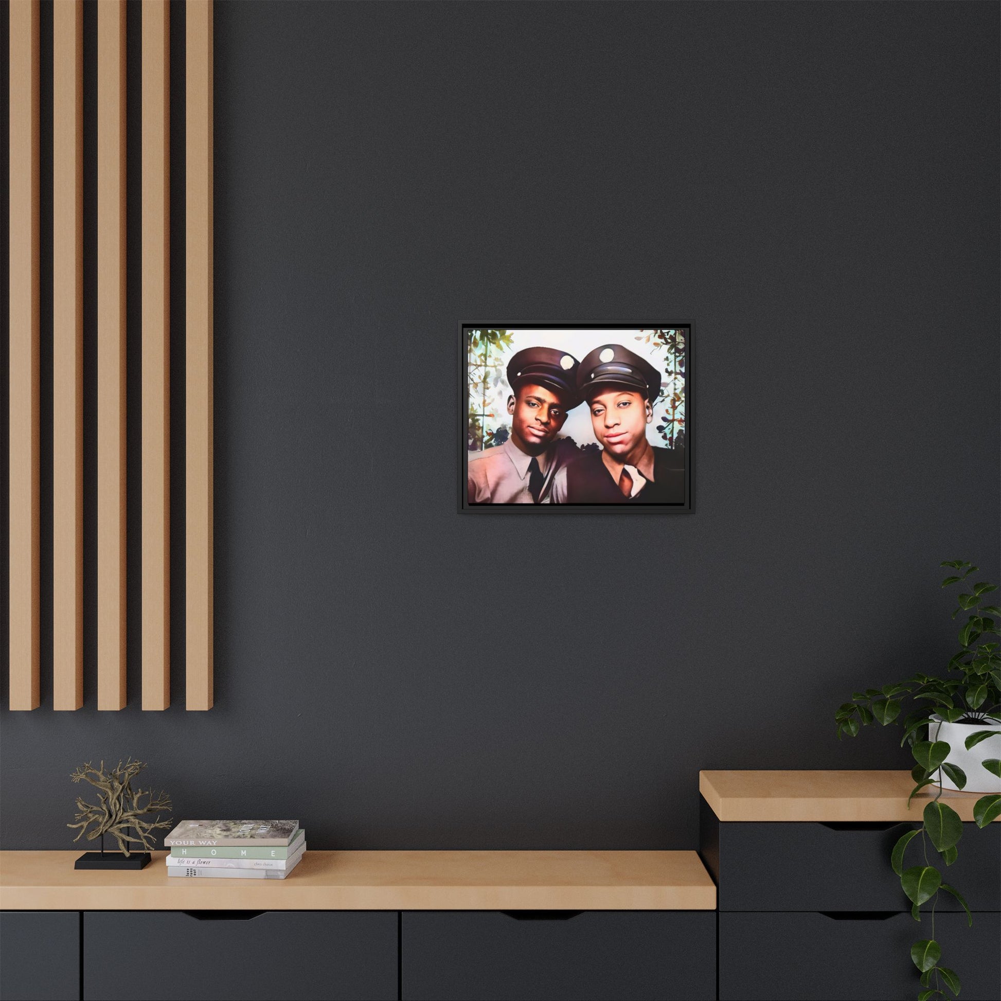 Vintage portrait of Deion & Marcus in Lexington, KY. Framed matte canvas celebrating African-American LGBTQ+ history, showcasing unity and timeless love. Perfect for collectors, art enthusiasts, and those honoring diversity and inclusion through decor.
