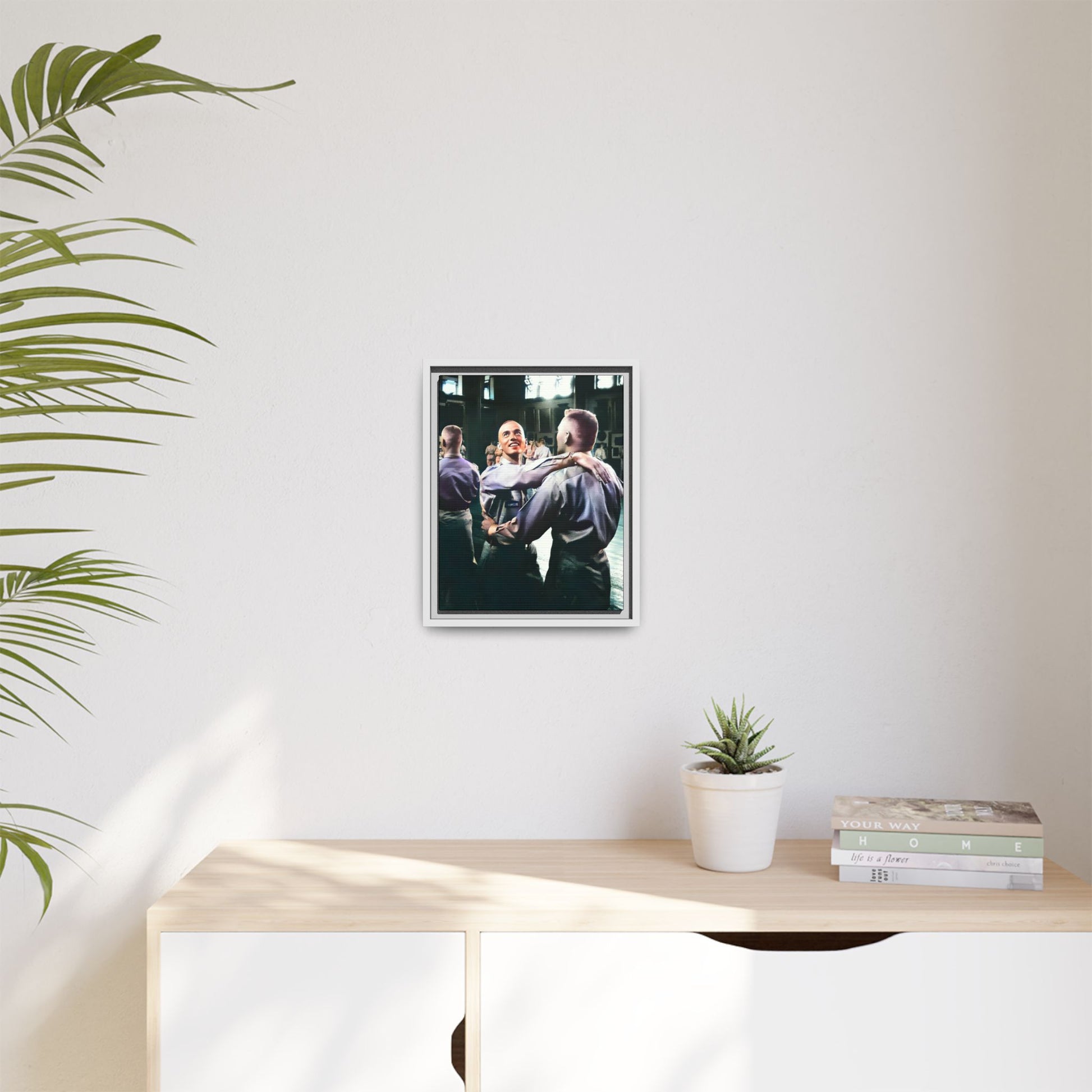 Restored mid-20th century photo of two men dancing at a USO event in Fort Belvoir, celebrating LGBTQ+ love and resilience, framed as wall décor Gay Couple