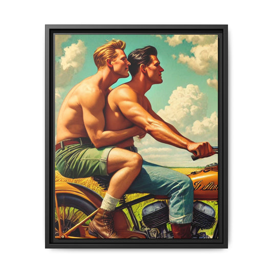 Framed artwork of a gay couple riding a vintage motorcycle through rural Iowa, celebrating love, unity, and the beauty of shared journeys.